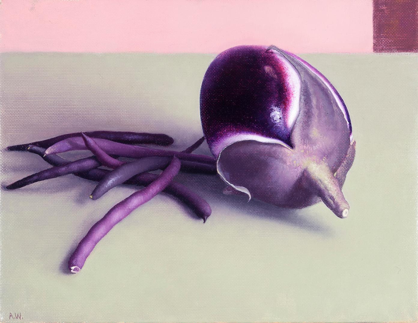 Amy Weiskopf Still-Life Painting - Eggplant and Purple Beans 