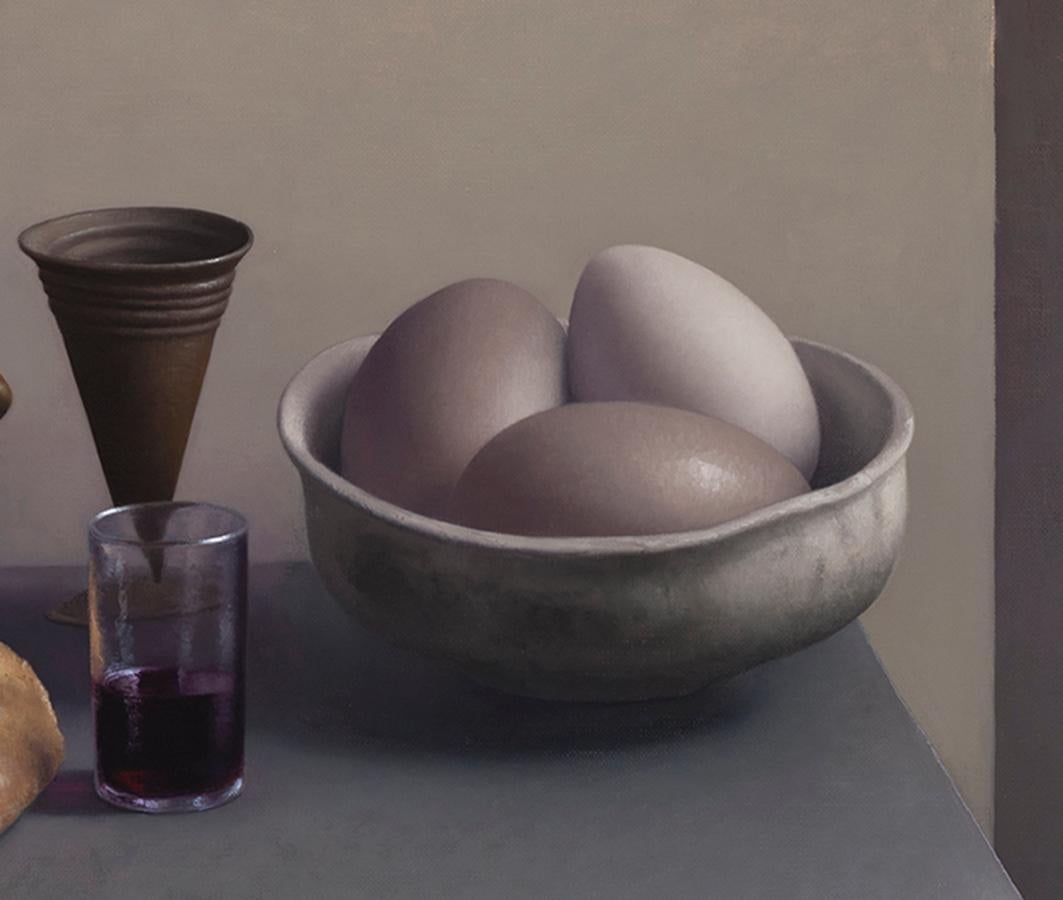 Bodegón con pan, cáscara y huevos - Painting de Amy Weiskopf