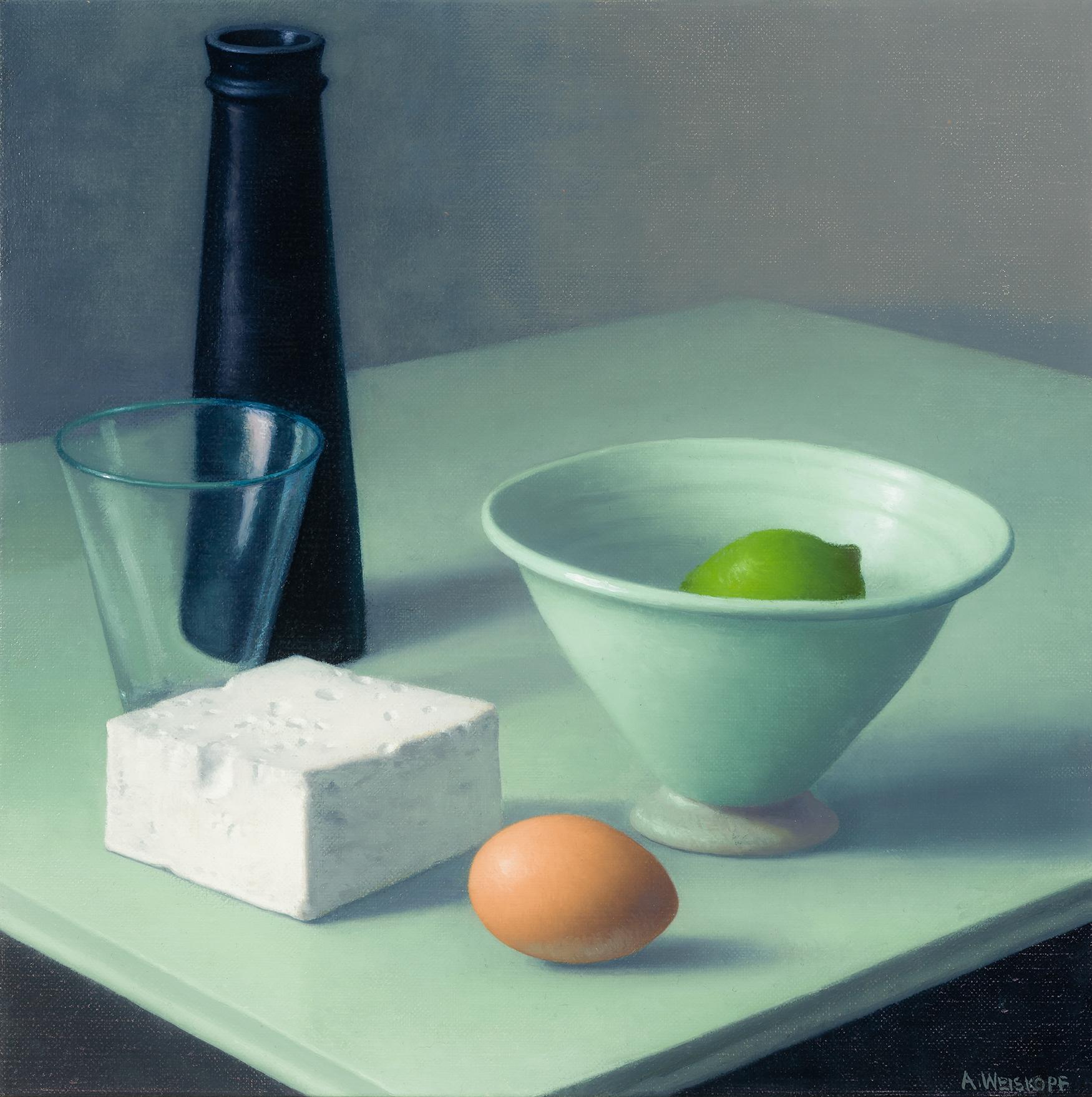 Amy Weiskopf Still-Life Painting - Still Life with Feta Cheese and Blue Bowl