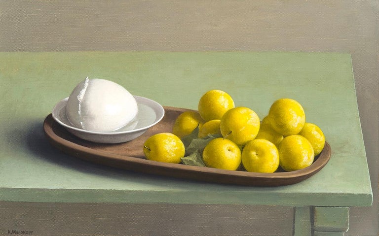 Amy Weiskopf Still-Life Painting - Still Life with Mozzarella and Yellow Plums