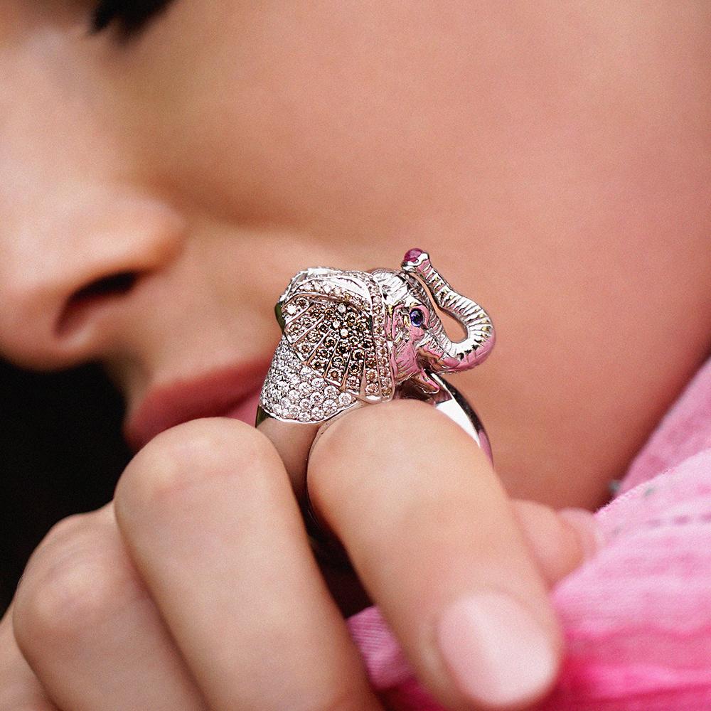 Amy Y 18 Karat, Diamond and Ruby Contemporary Safari Elephant Ring 'Baako' 1