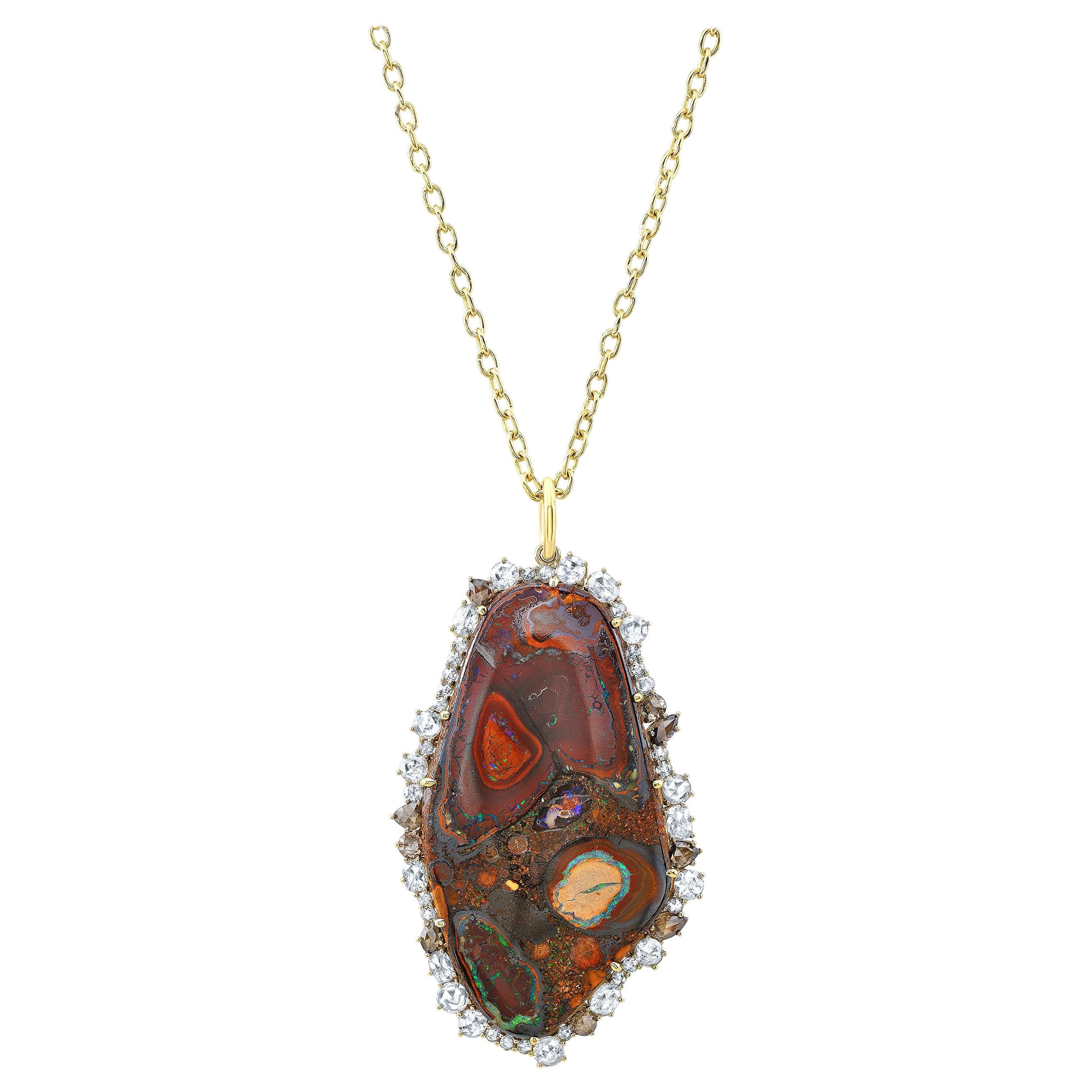 Amy Y 18-Karat Gold, Australian Bouder Opal and Diamond Pendant Necklace 'Earth'