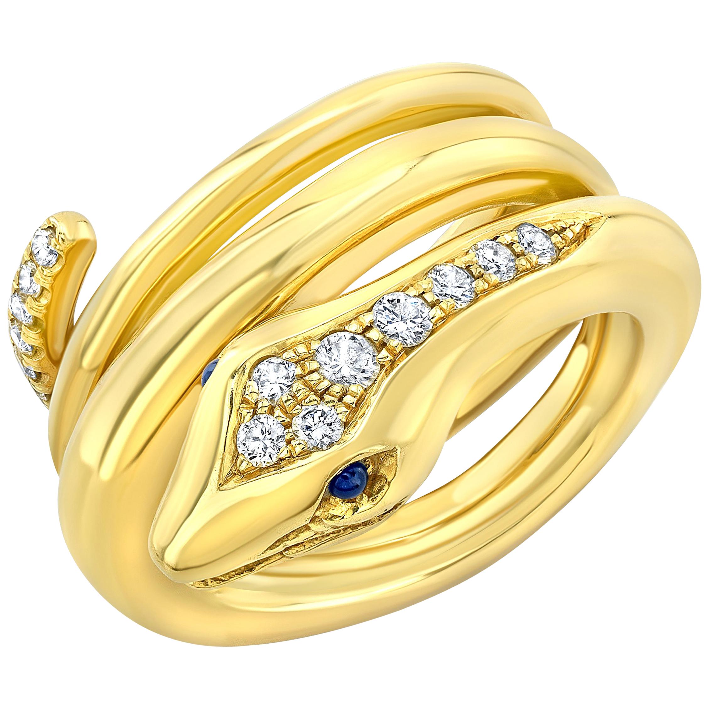 Amy Y 18 Karat Gold, Diamond and Sapphire Contemporary Serpent Ring 'Jose' For Sale