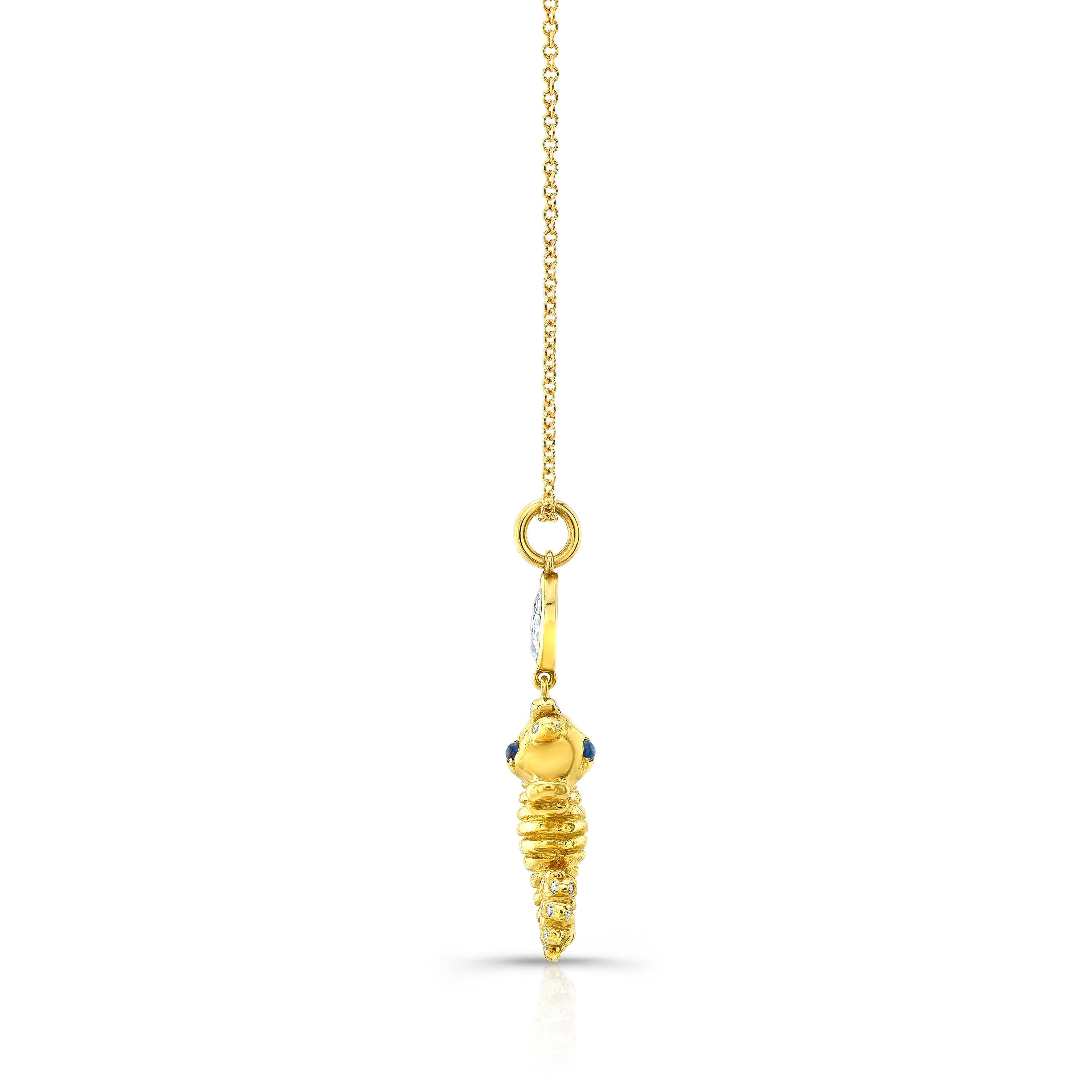 
Amy Y's 18K-yellow gold and diamond contemporary designed one-of-a-kind seahorse Aria is a wondrous replica of the beautiful seahorses from the deep blue seas around the world. Reminiscence of Amy's sea adventures with her siblings off the coast of