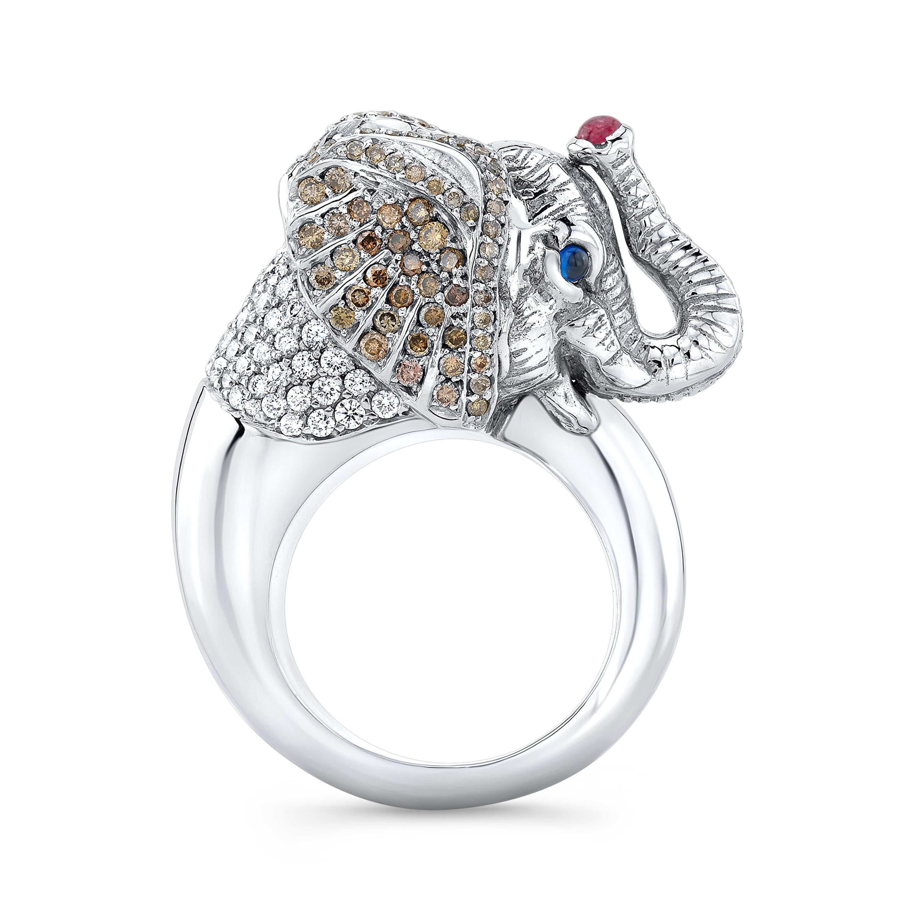 Amy's Safari Elephant 'Baako' is a one-of-a-kind contemporary 18K-white gold ring with magnificent craftsmanship and unmatched quality to detail and charm.  Handmade by Amy's skilled artisan, this ring captures the essence of elephants from around