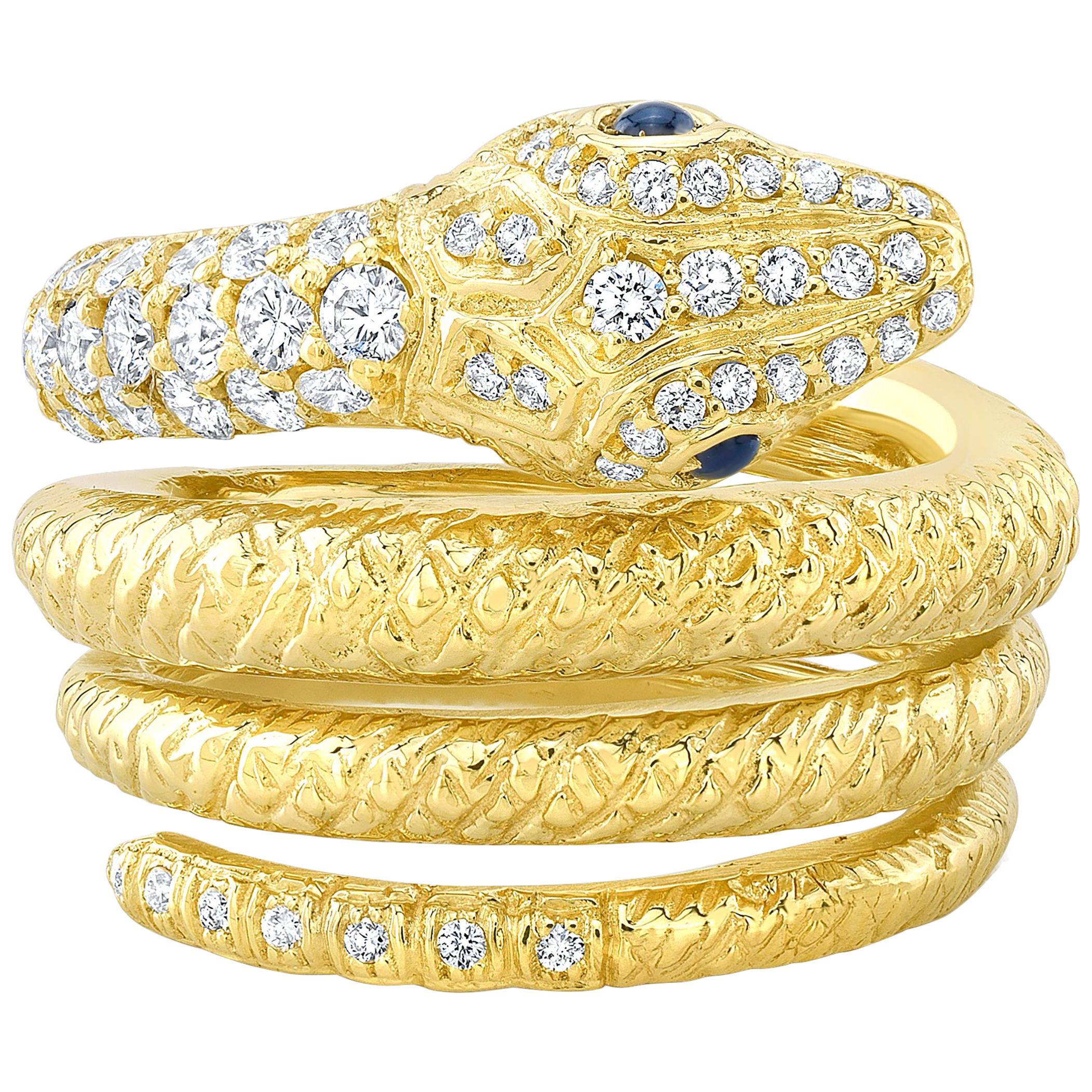 Amy Y 18 Karat, Diamond and Sapphire Contemporary Serpent Ring 'Noah' For Sale