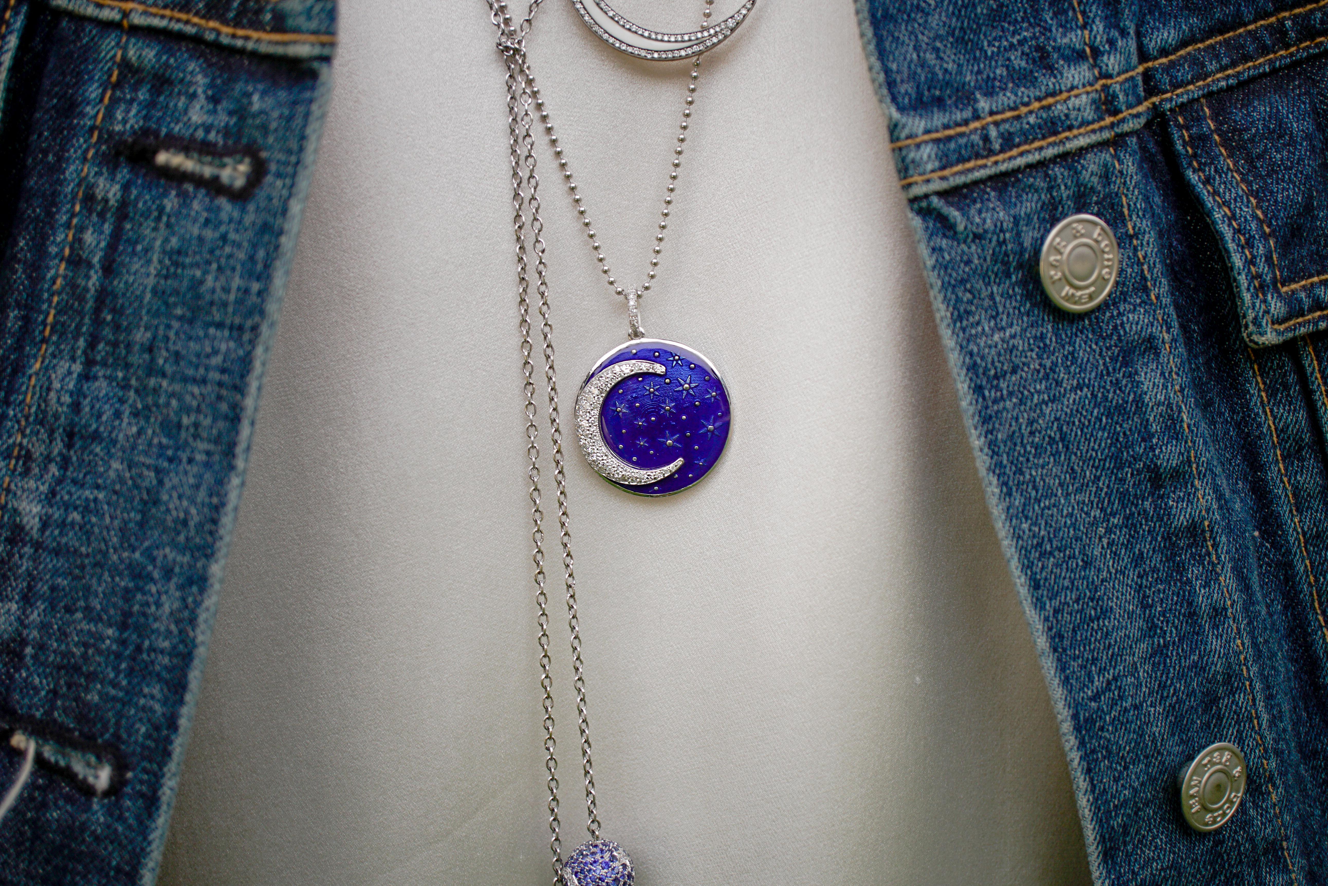 Amy Y 18K, Diamond, Enamel Contemporary Pendant Necklace Midnight Crescent Moon In New Condition For Sale In Santa Monica, CA