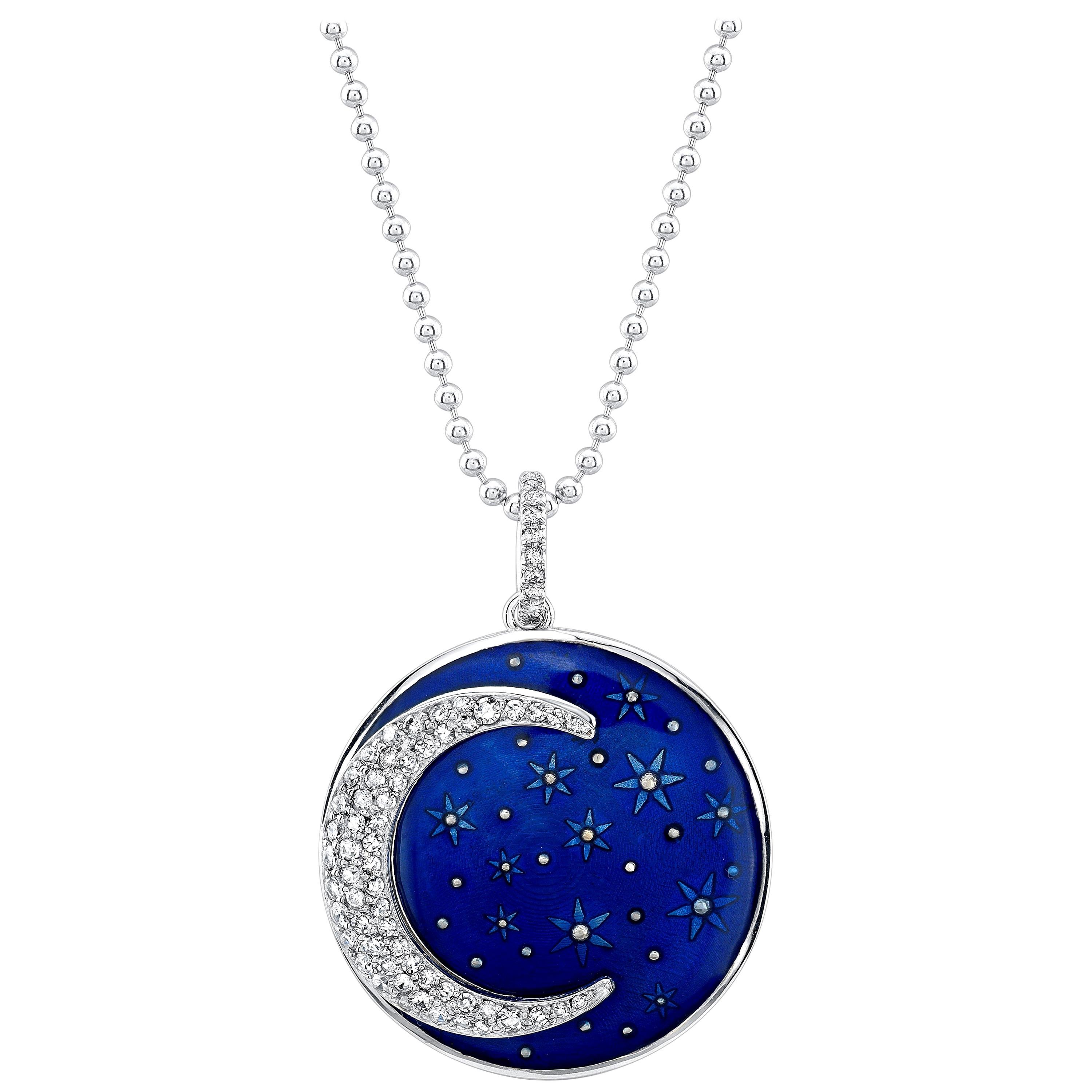 Amy Y 18K, Diamond, Enamel Contemporary Pendant Necklace Midnight Crescent Moon For Sale