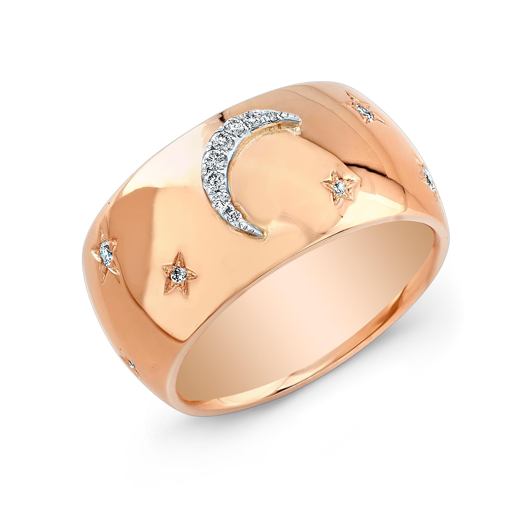 Amy Y's contemporary 18K-rose and yellow gold and diamond sun, moon and stars ring Chloe is a present day gem. Set in a celestial universe illuminated with bright stars, sprinkled with white diamonds floating about a warm natural yellow diamond sun