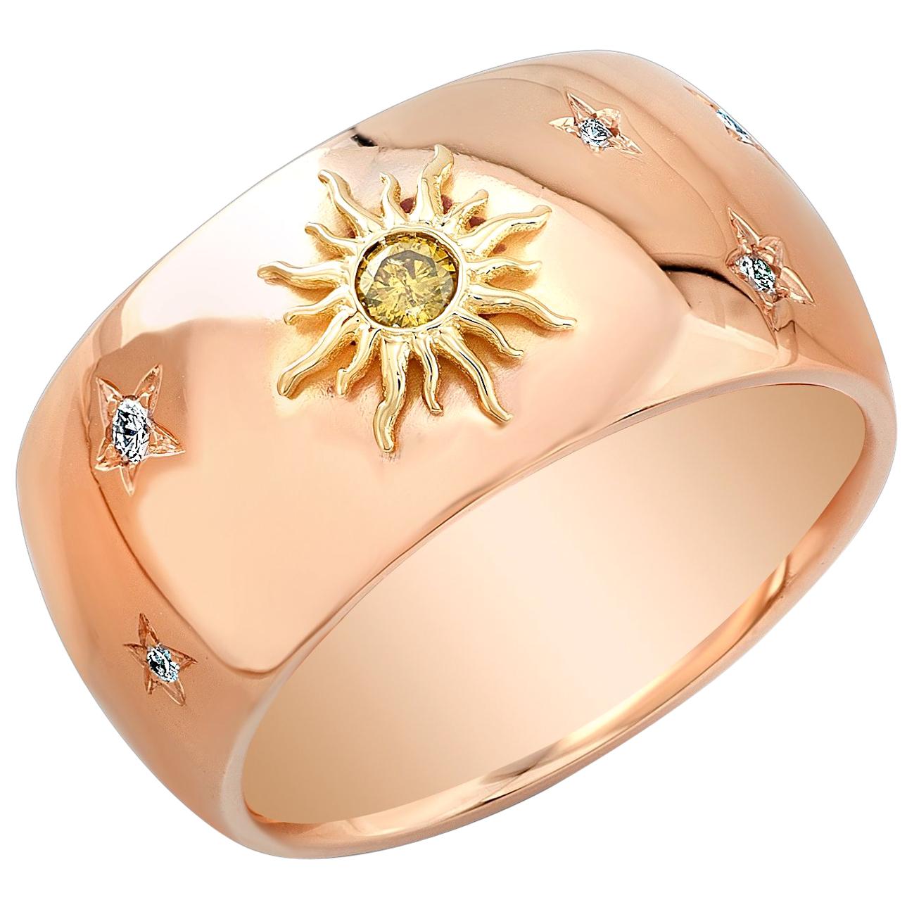 Amy Y 18 Karat Gold and Diamond Sun, Moon and Stars Ring 'Chloe' For Sale