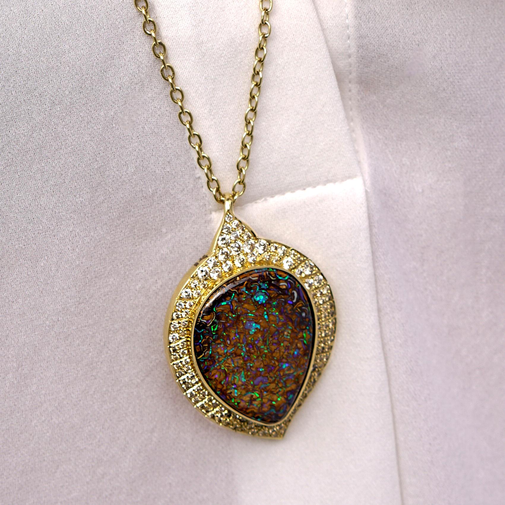Contemporary Amy Y 18K Gold, Australian Boulder Opal and Diamond Pendant Necklace 'Aspen' For Sale