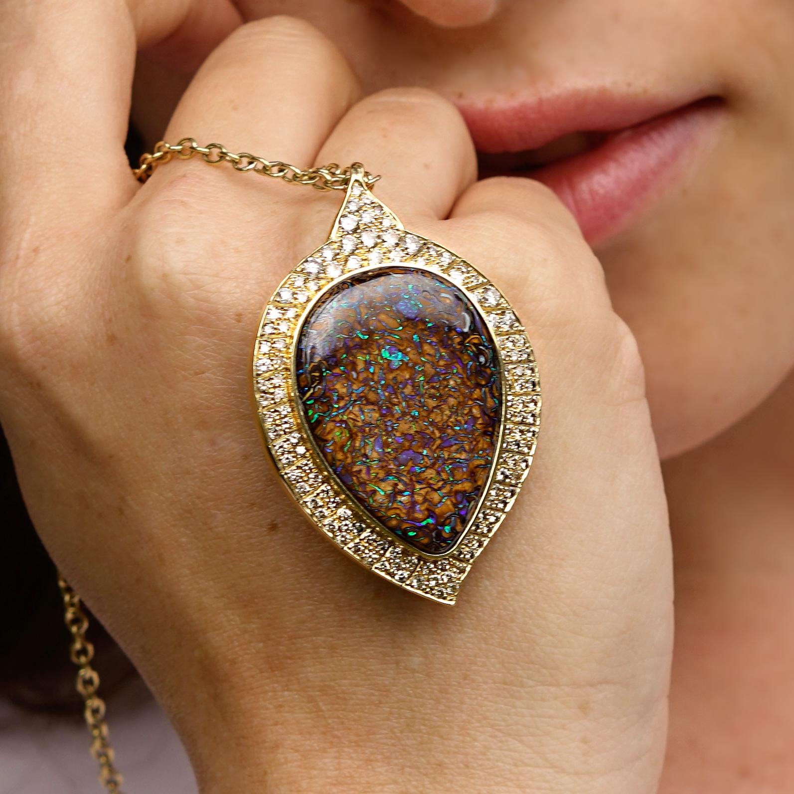 Amy Y 18K Gold, Australian Boulder Opal and Diamond Pendant Necklace 'Aspen' For Sale 1