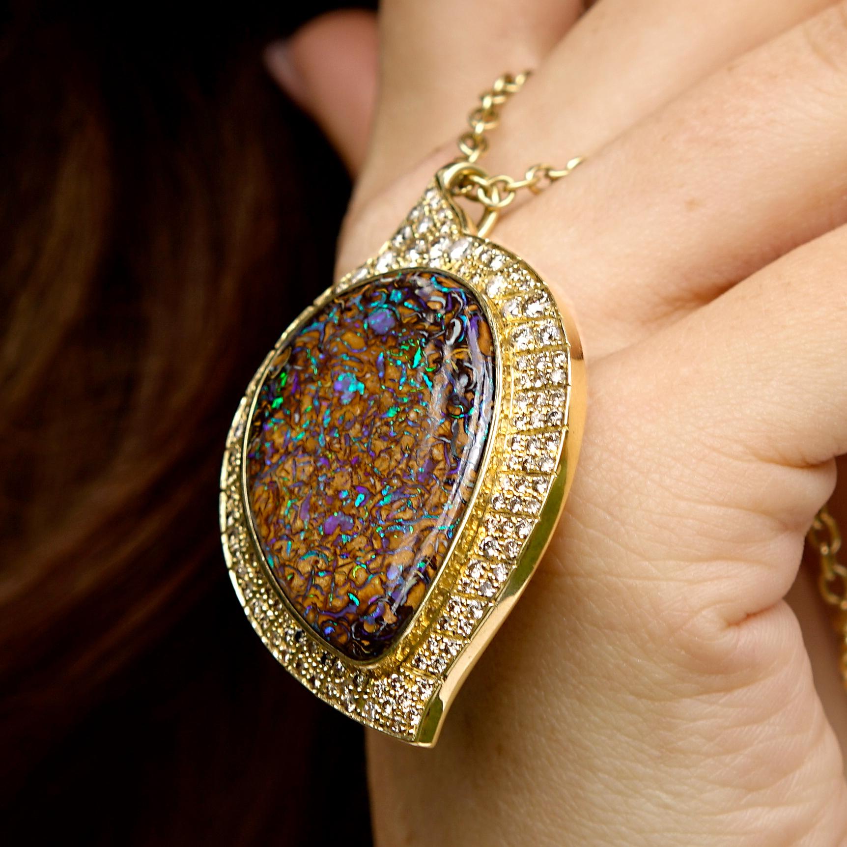 Amy Y 18K Gold, Australian Boulder Opal and Diamond Pendant Necklace 'Aspen' In New Condition For Sale In Santa Monica, CA