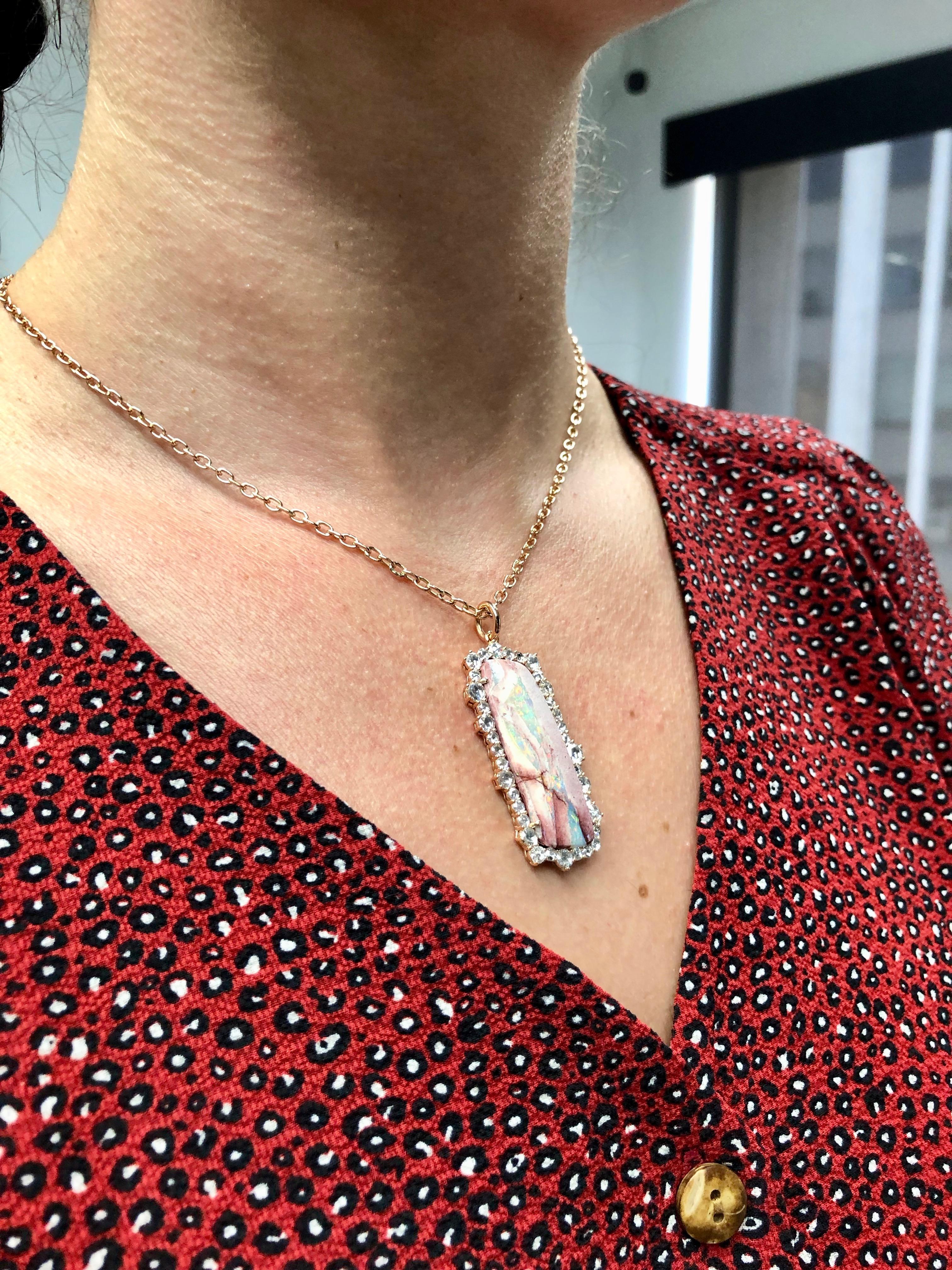 Rose Cut Amy Y 18K Gold, Boulder Opal and Diamond Contemporary Pendant Necklace 'Claire' For Sale