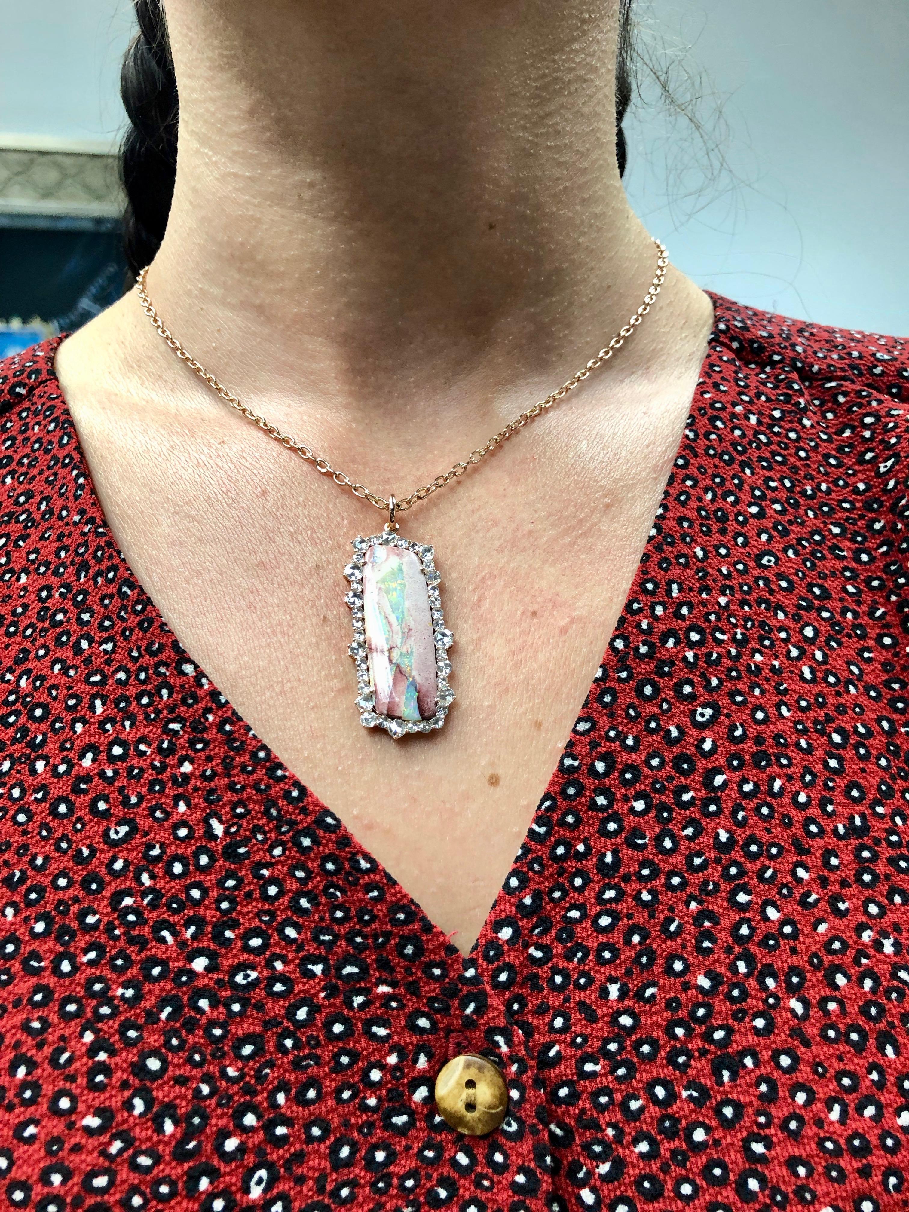 Amy Y 18K Gold, Boulder Opal and Diamond Contemporary Pendant Necklace 'Claire' In New Condition For Sale In Santa Monica, CA