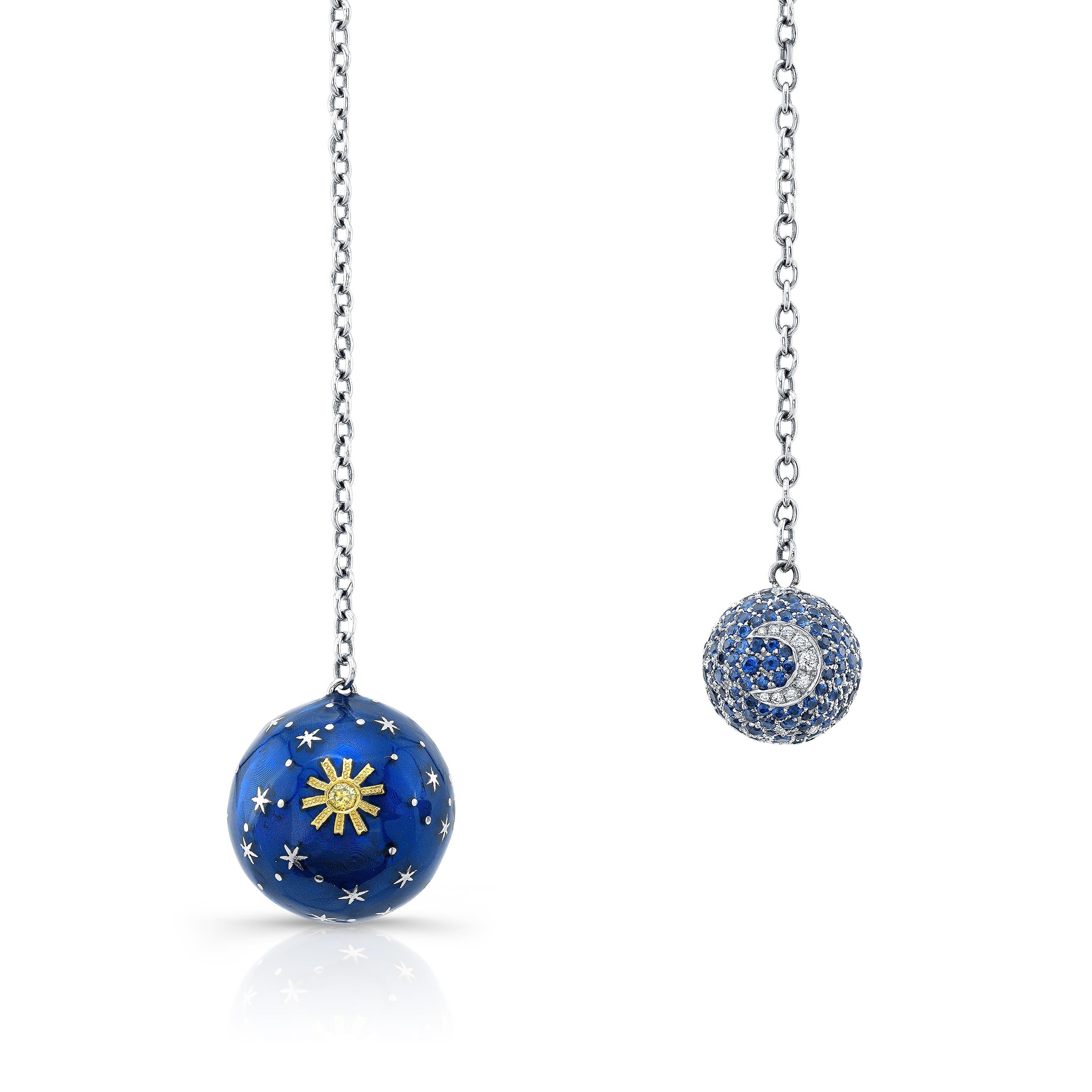 Amy’s contemporary designed diamond, sapphire and enamel lariat pendant necklace is a wonderful portrayal of the heavens and earth.  Haven is a one-of-a-kind treasure for life with a galaxy of celestial light captured with a single gold sun and