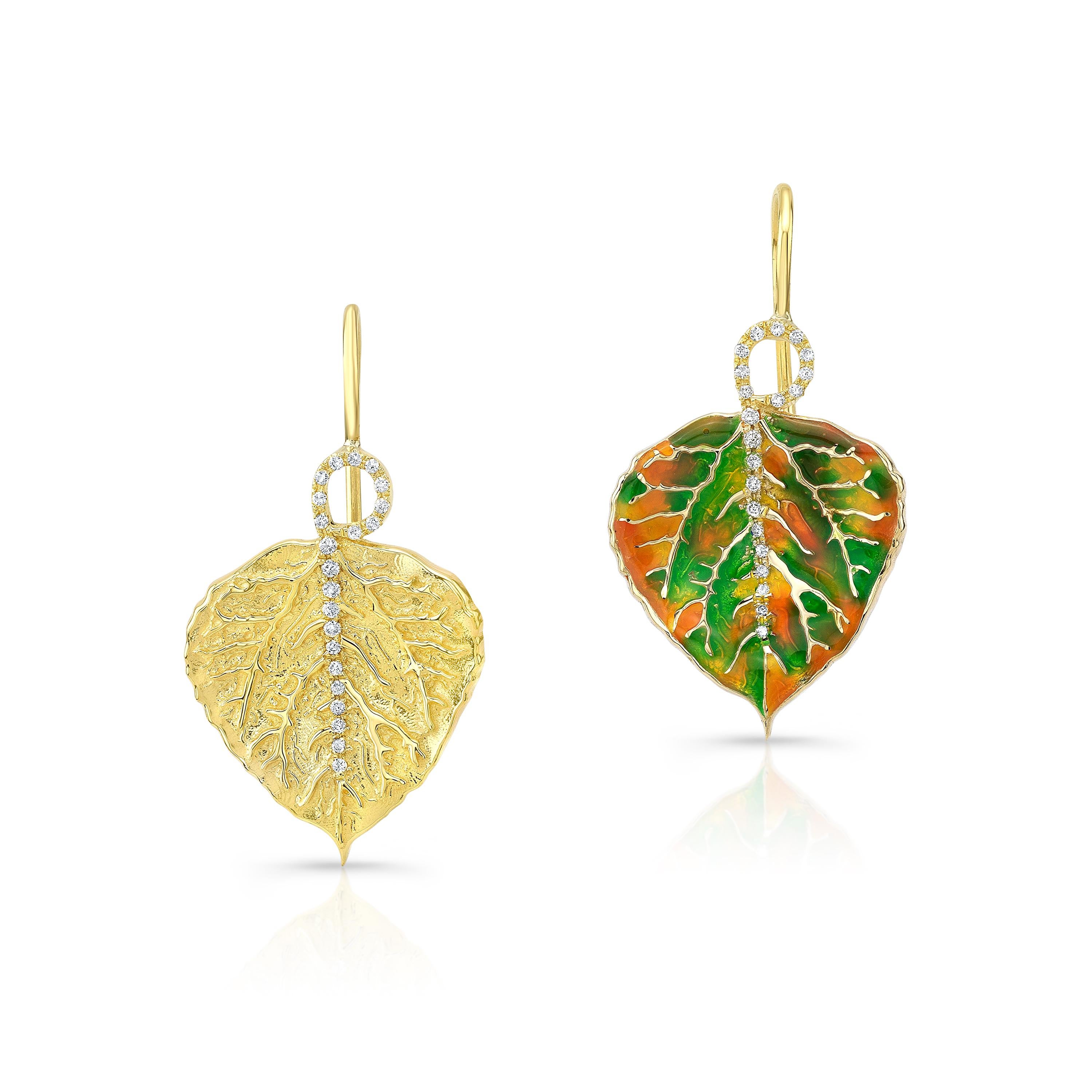 Amy Y’s contemporary 18K-gold, diamond, and enamel Aspen Leafs are one-of-a-kind gems for life. They are beautifully detailed in multicolored hand-painted enamel to capture the essence of the Rockie Mountains gorgeous Aspen trees Fall colors. 