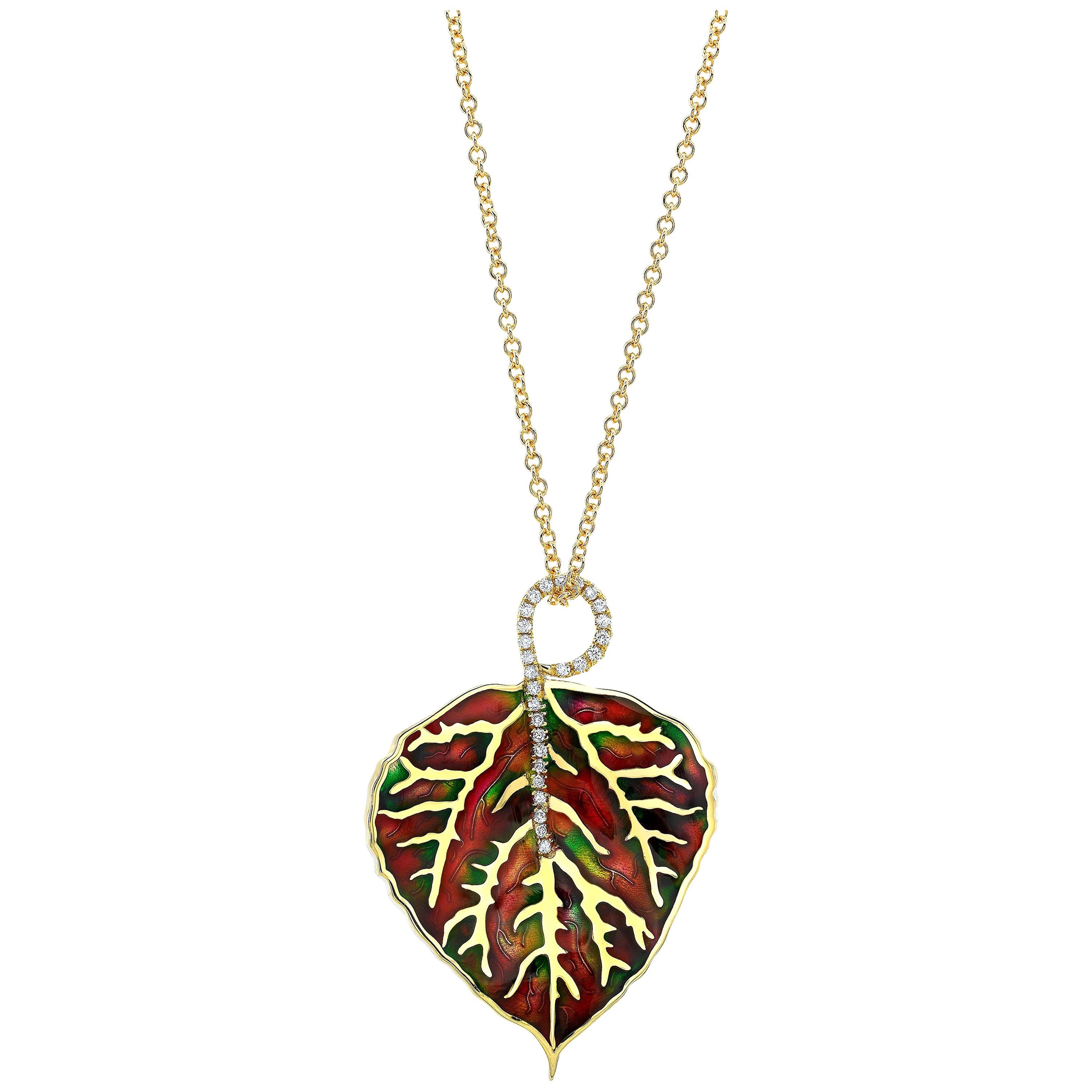 Amy Y 18K Gold, Diamond and Enamel Contemporary Pendant/Necklace 'Aspen Leaf'