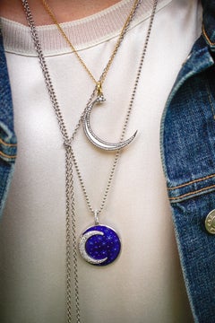 18 Karat Gold, Diamond and Enamel Crescent Moon and Pendant Necklace 'Luna'