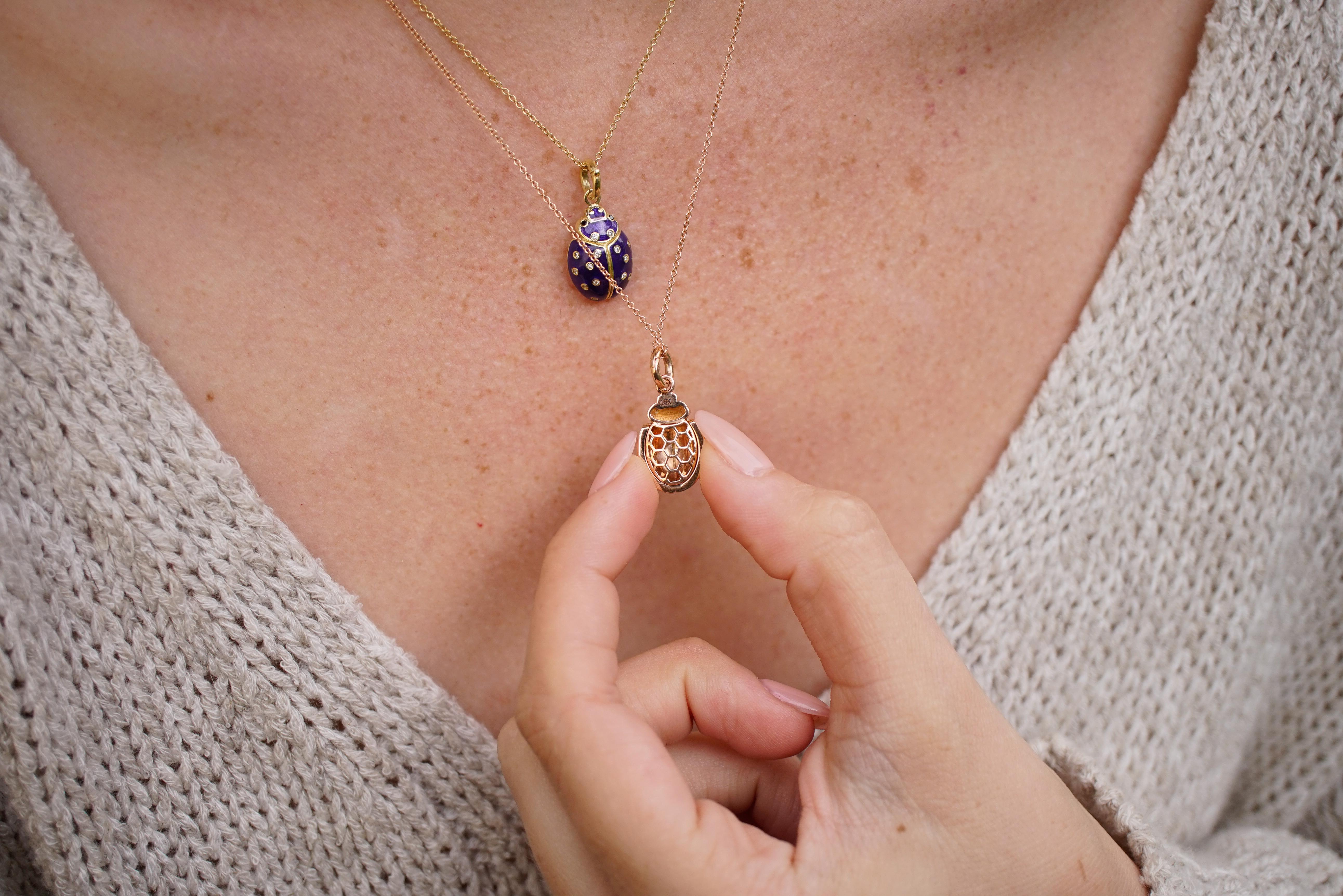Round Cut 18 Karat Gold, Diamond and Enamel Ladybug Contemporary Pendant Necklace 'Evie' 
