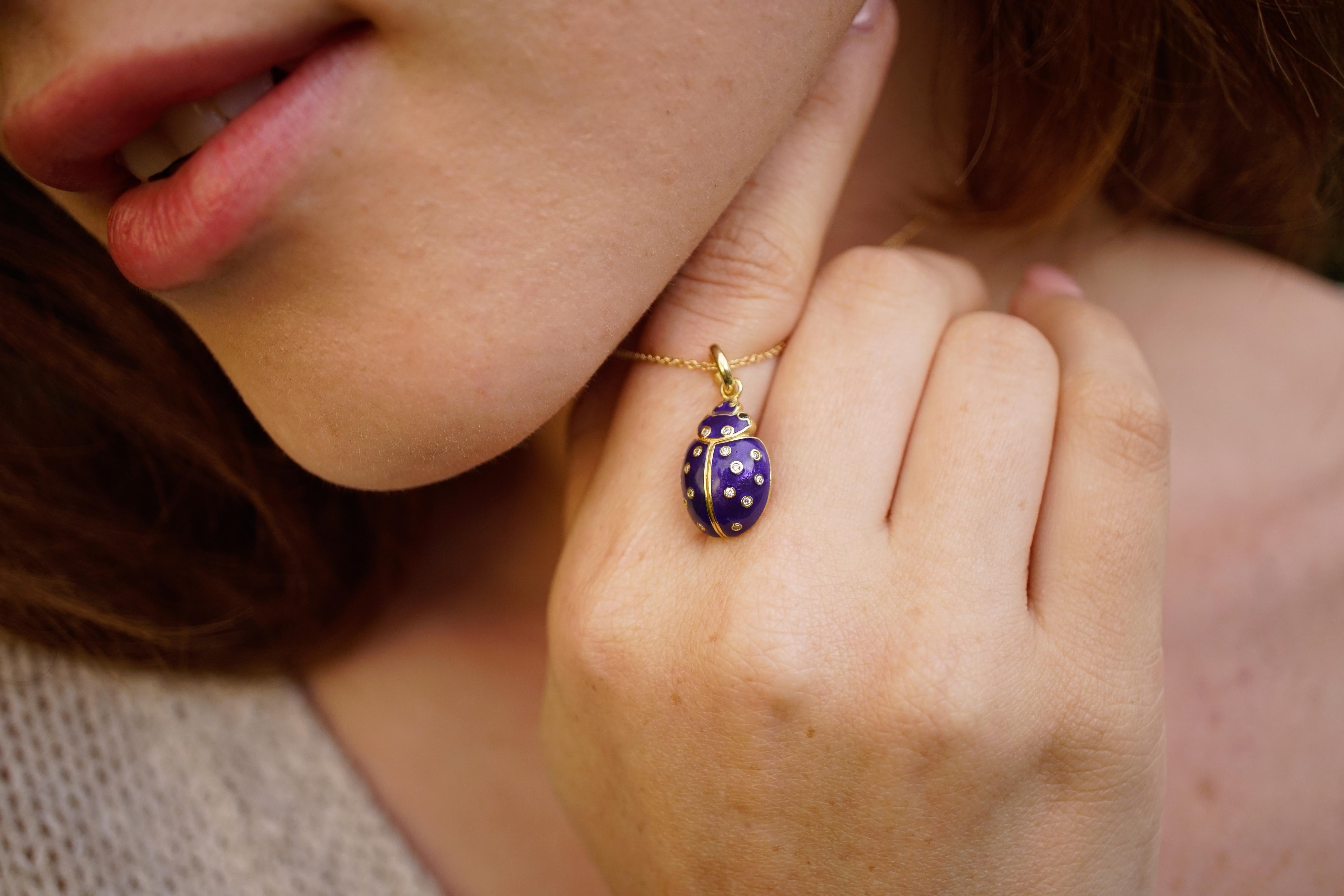 18 Karat Gold, Diamond and Enamel Ladybug Contemporary Pendant Necklace 'Evie'  1