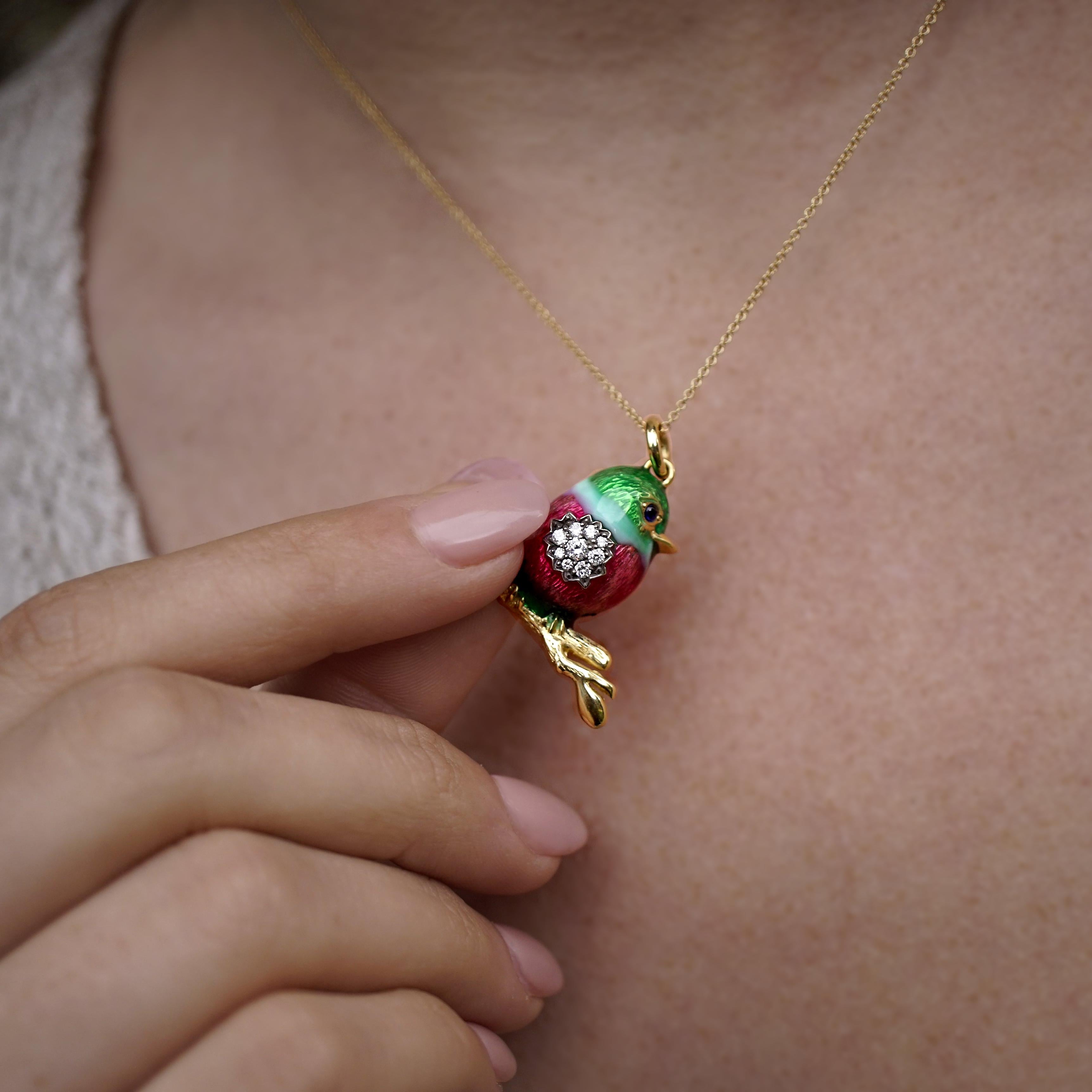 18 Karat Gold, Diamond and Enamel Rainbow Baby Bird Pendant Necklace 'Tweety' For Sale 2