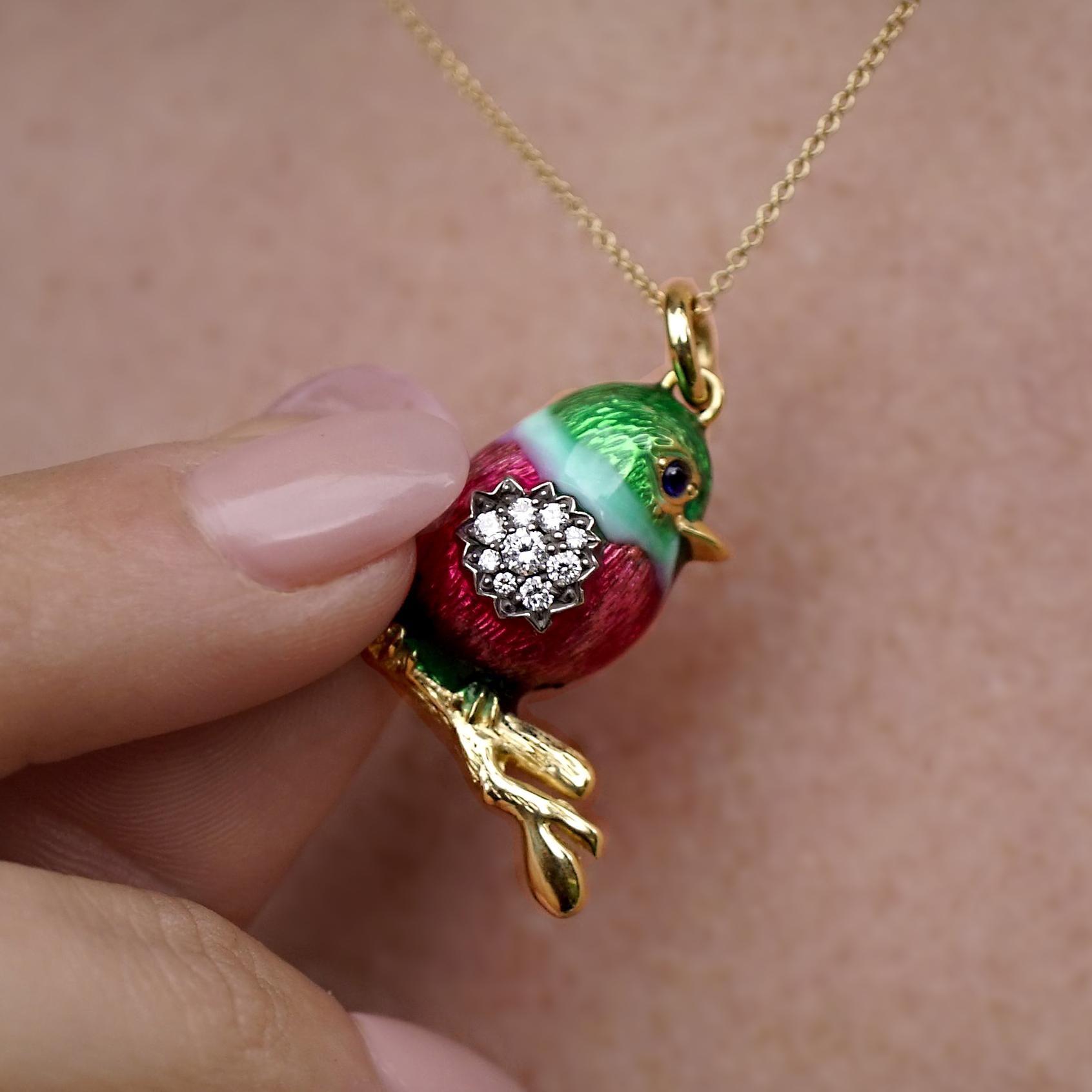 18 Karat Gold, Diamond and Enamel Rainbow Baby Bird Pendant Necklace 'Tweety' For Sale 3