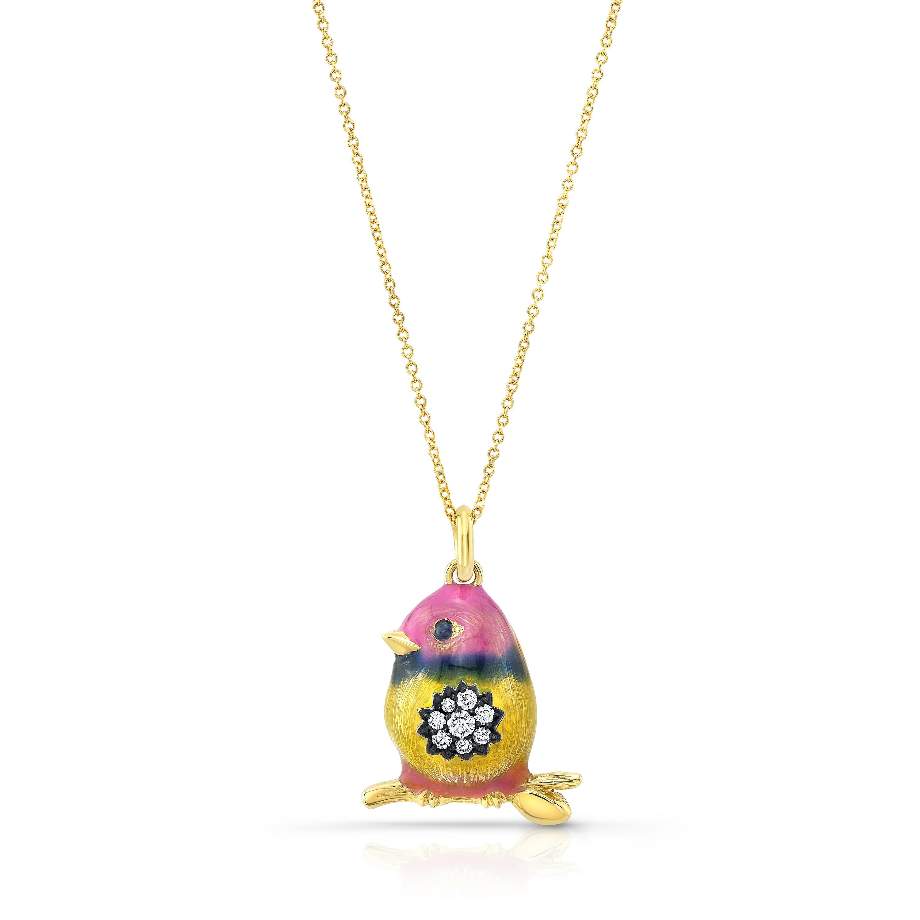 Amy Y’s diamond, sapphire, and painted enamel Rainbow Baby Bird 'Tweety' is a one-of-a-kind treasure.  Handmade by Amy’s European artisans in 18K-yellow gold, painted enamel in colors of the rainbow, and a burst of diamond inlay of 0.25ct. full cut,