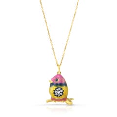 18 Karat Gold, Diamond and Enamel Rainbow Baby Bird Pendant Necklace 'Tweety'