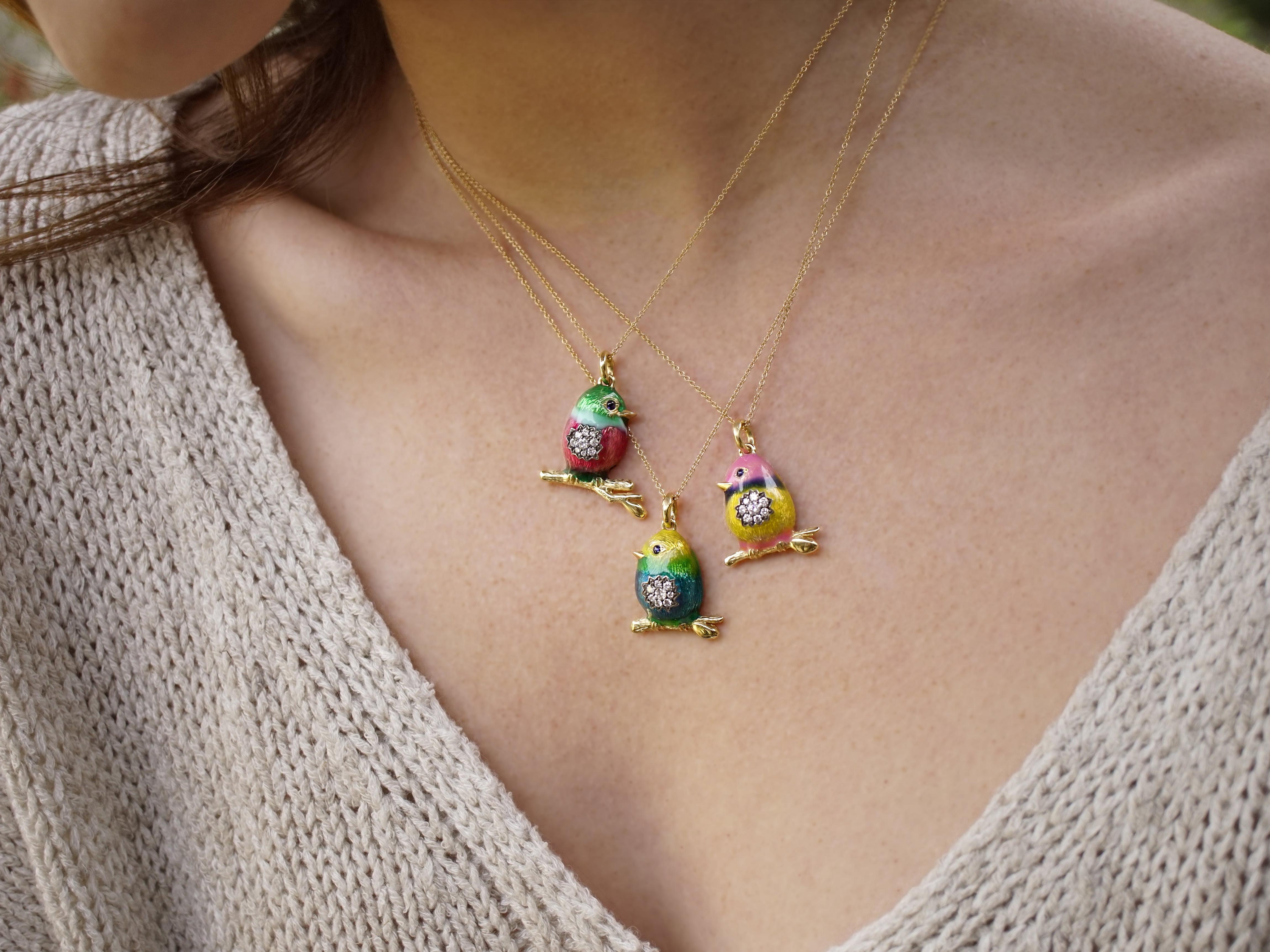 Contemporary 18 Karat Gold, Diamond and Enamel Rainbow Baby Bird Pendant Necklace 'Tweety' For Sale