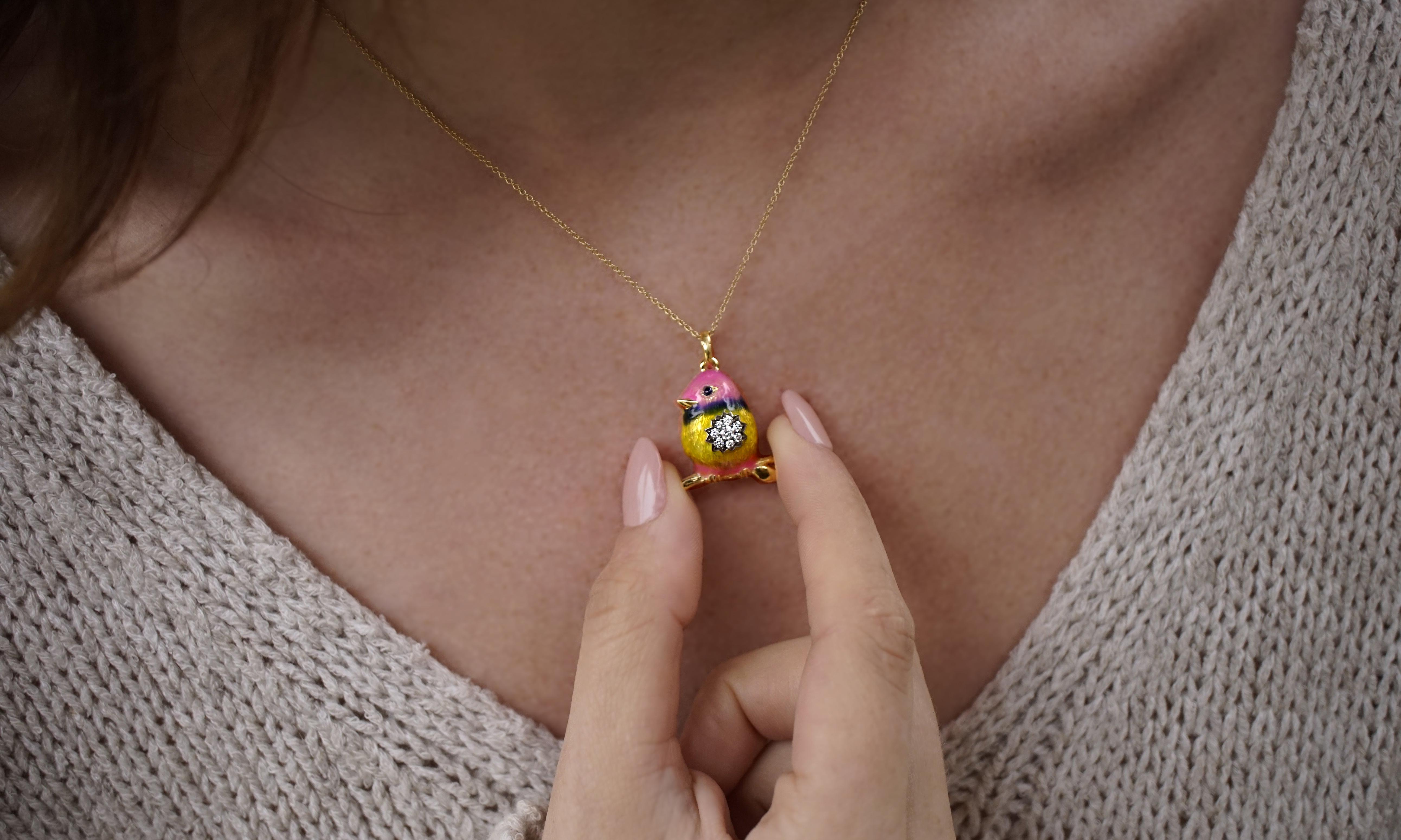 18 Karat Gold, Diamond and Enamel Rainbow Baby Bird Pendant Necklace 'Tweety' In New Condition For Sale In Santa Monica, CA