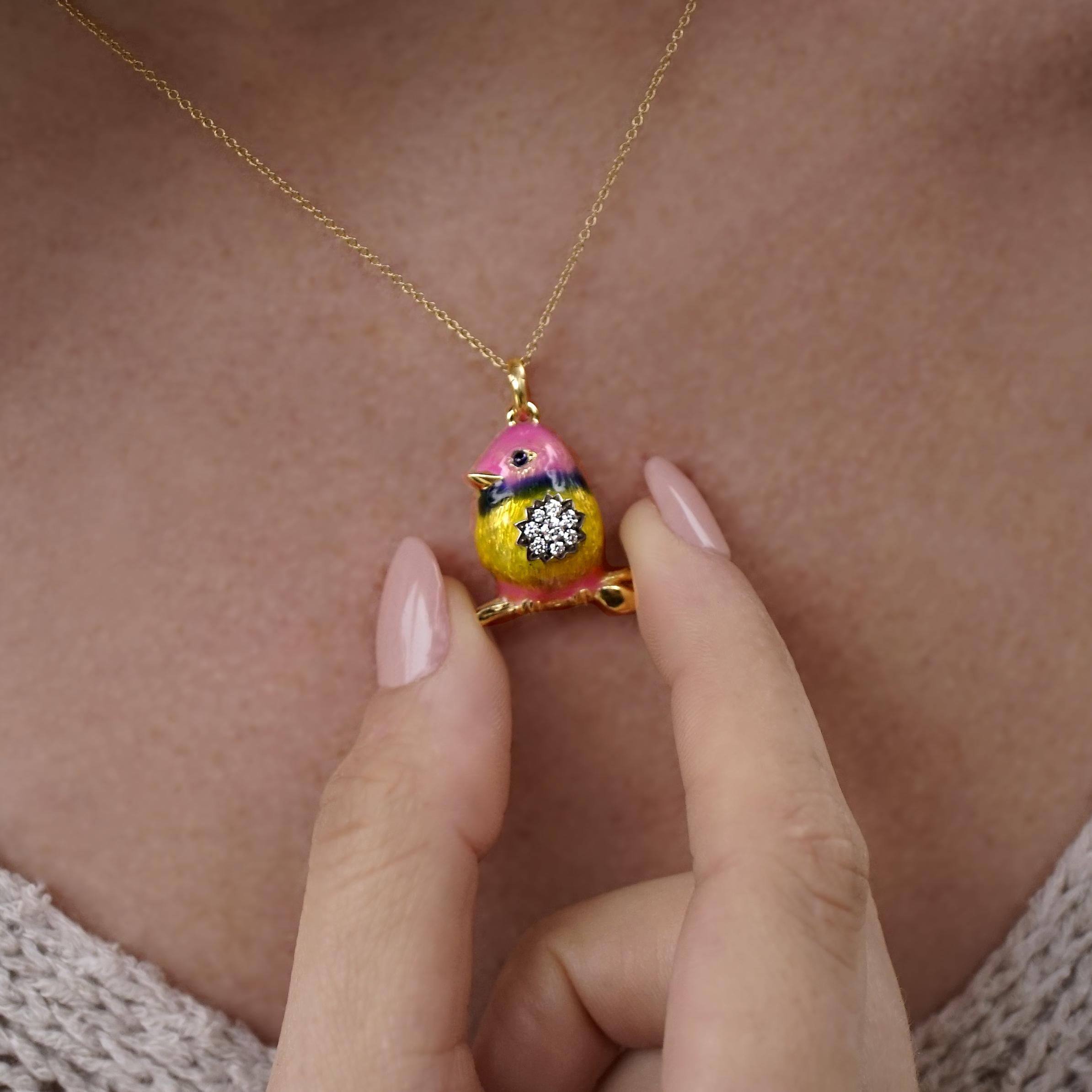 Women's 18 Karat Gold, Diamond and Enamel Rainbow Baby Bird Pendant Necklace 'Tweety' For Sale