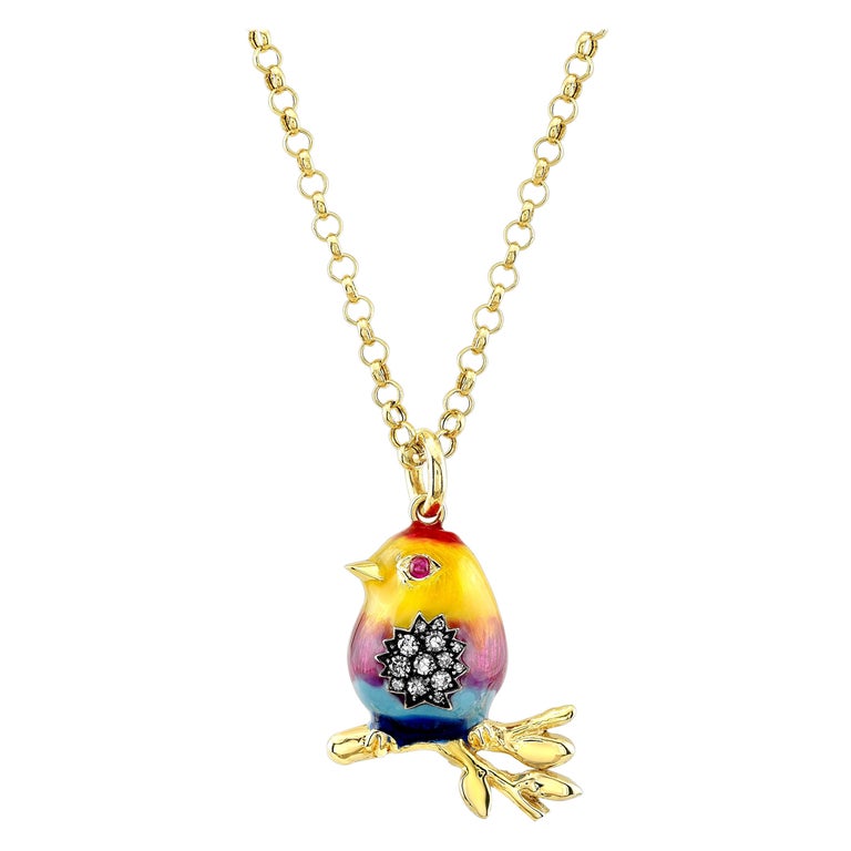 18 Karat Gold, Diamond and Enamel Rainbow Baby Bird Pendant Necklace