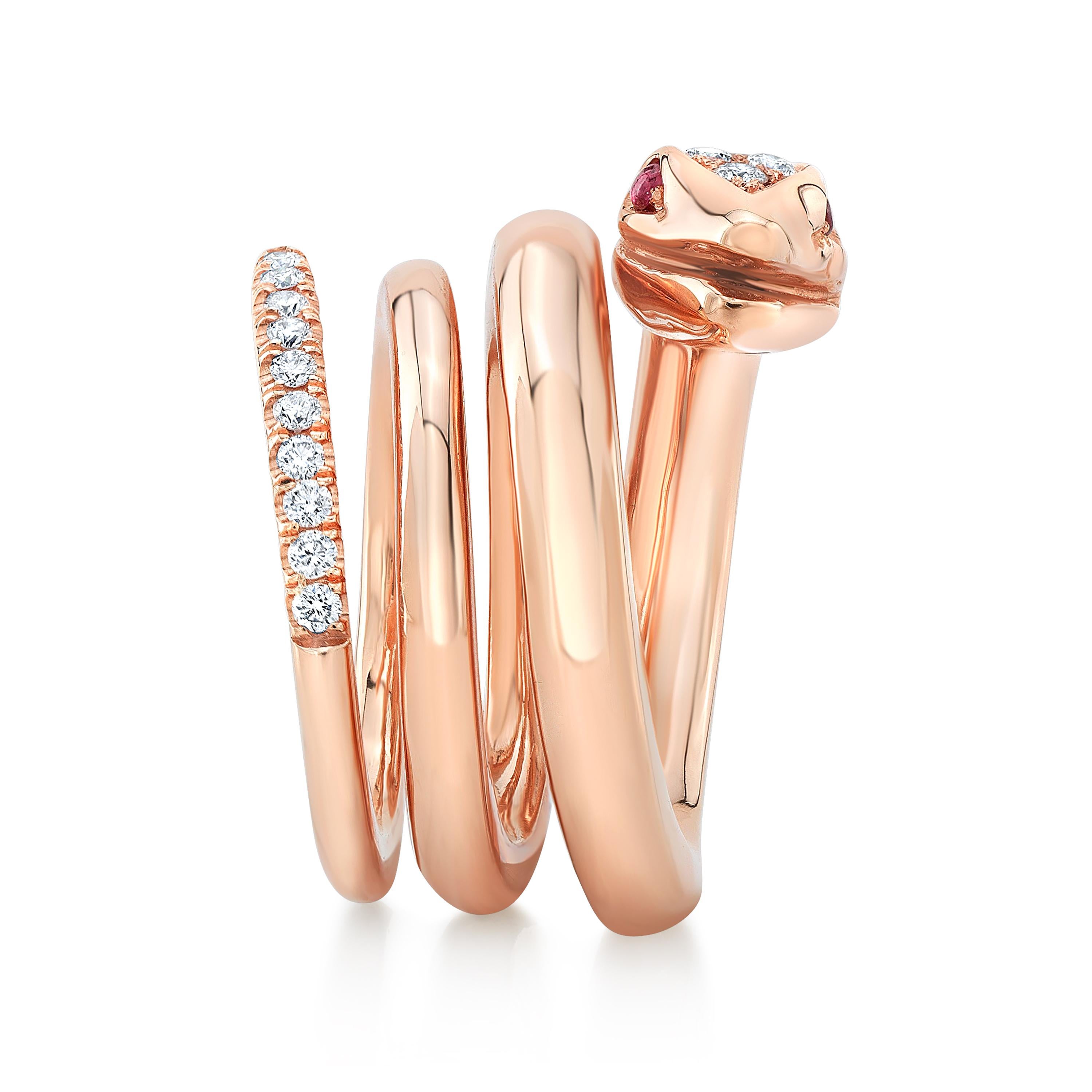 Amy's 18K-rose gold, diamond and sapphire serpent ring 'Sydney' is a fabulous replica of this lovely animal in nature. This contemporary serpent ring was handmade by Amy's skilled artisans, in 18K-rose gold with 0.58ct. full cut, VS, colorless and