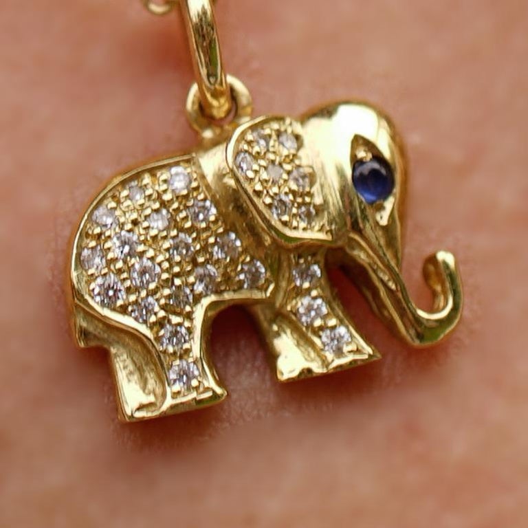18 Karat Gold, Diamond and Sapphire Elephant Charm Pendant Necklace 'Queenie' In New Condition For Sale In Santa Monica, CA