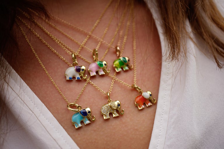 Women's 18 Karat Gold, Diamond and Sapphire Elephant Charm Pendant Necklace 'Queenie' For Sale