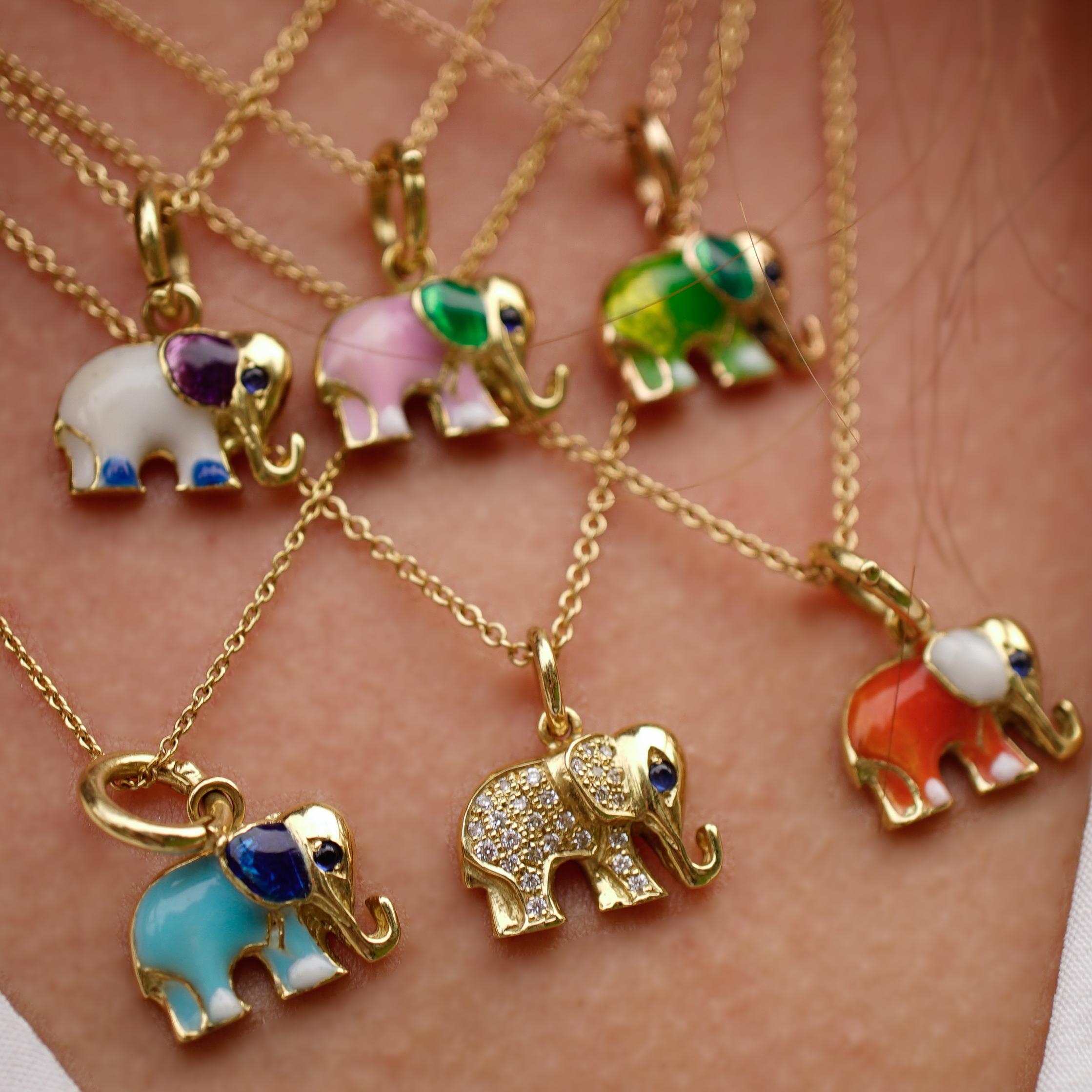Round Cut 18 Karat Gold, Diamond and Sapphire Elephant Charm Pendant Necklace 'Queenie' For Sale