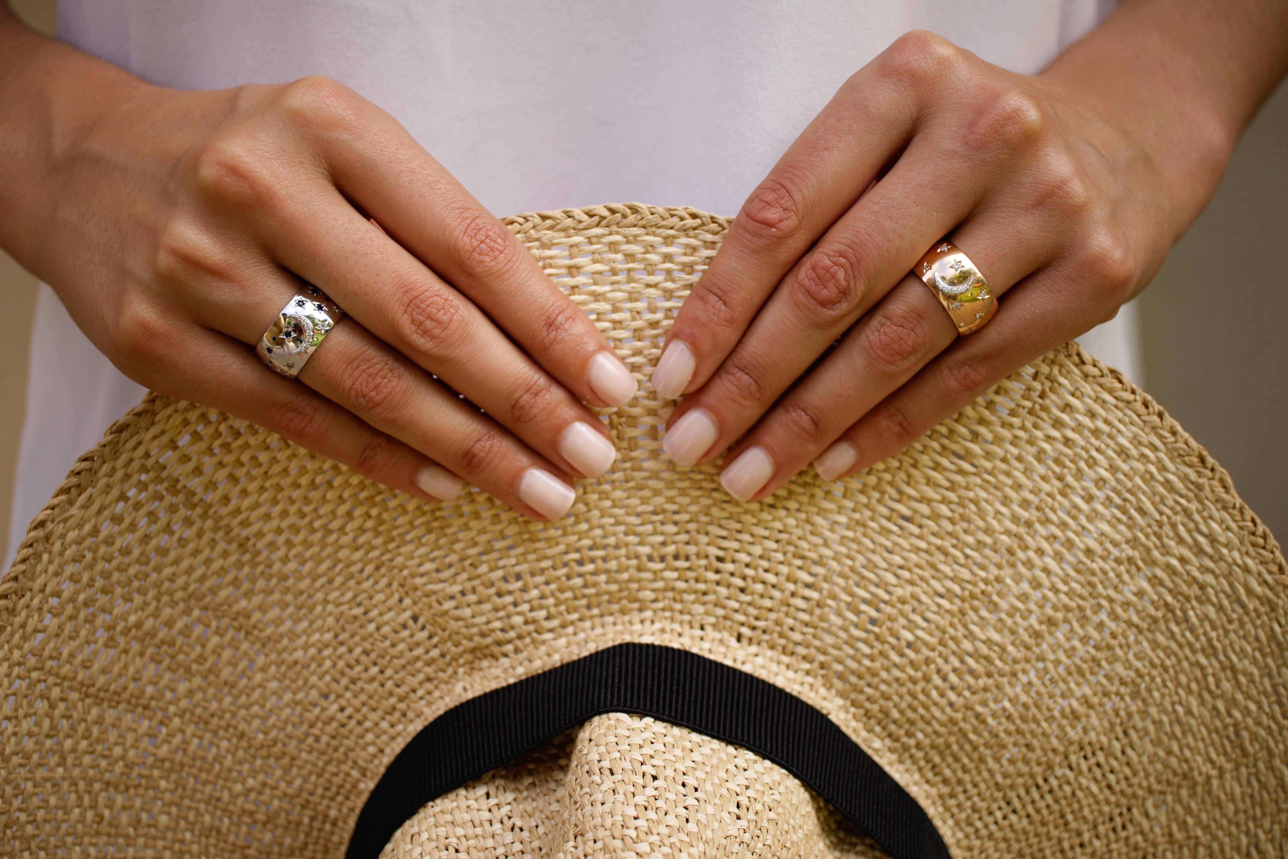 Contemporary Amy Y 18 Karat Gold, Diamond and Sapphire Sun, Moon and Stars Ring 'Celeste' For Sale