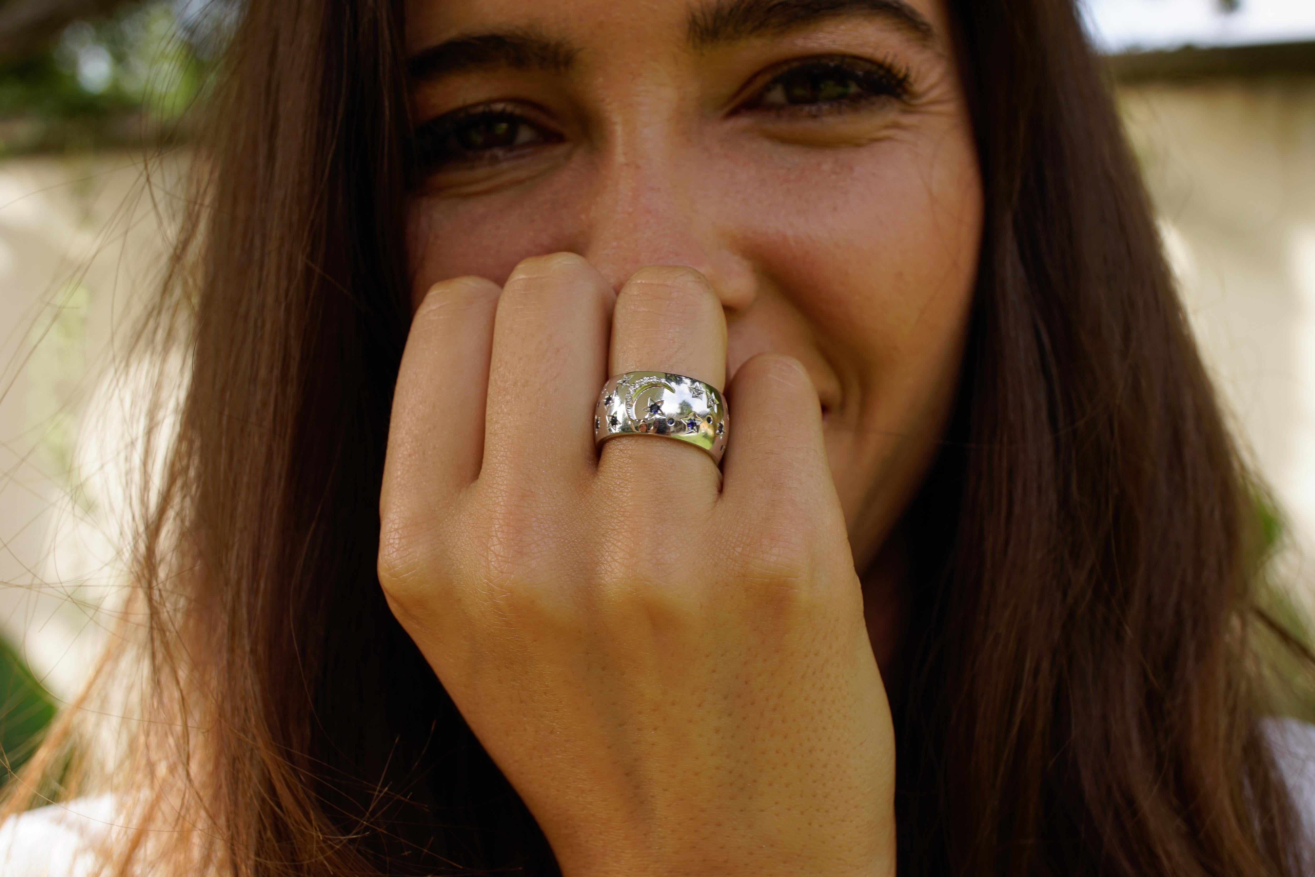Round Cut Amy Y 18 Karat Gold, Diamond and Sapphire Sun, Moon and Stars Ring 'Celeste' For Sale
