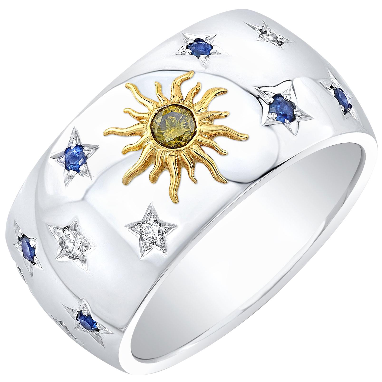 Amy Y 18 Karat Gold, Diamond and Sapphire Sun, Moon and Stars Ring 'Celeste'