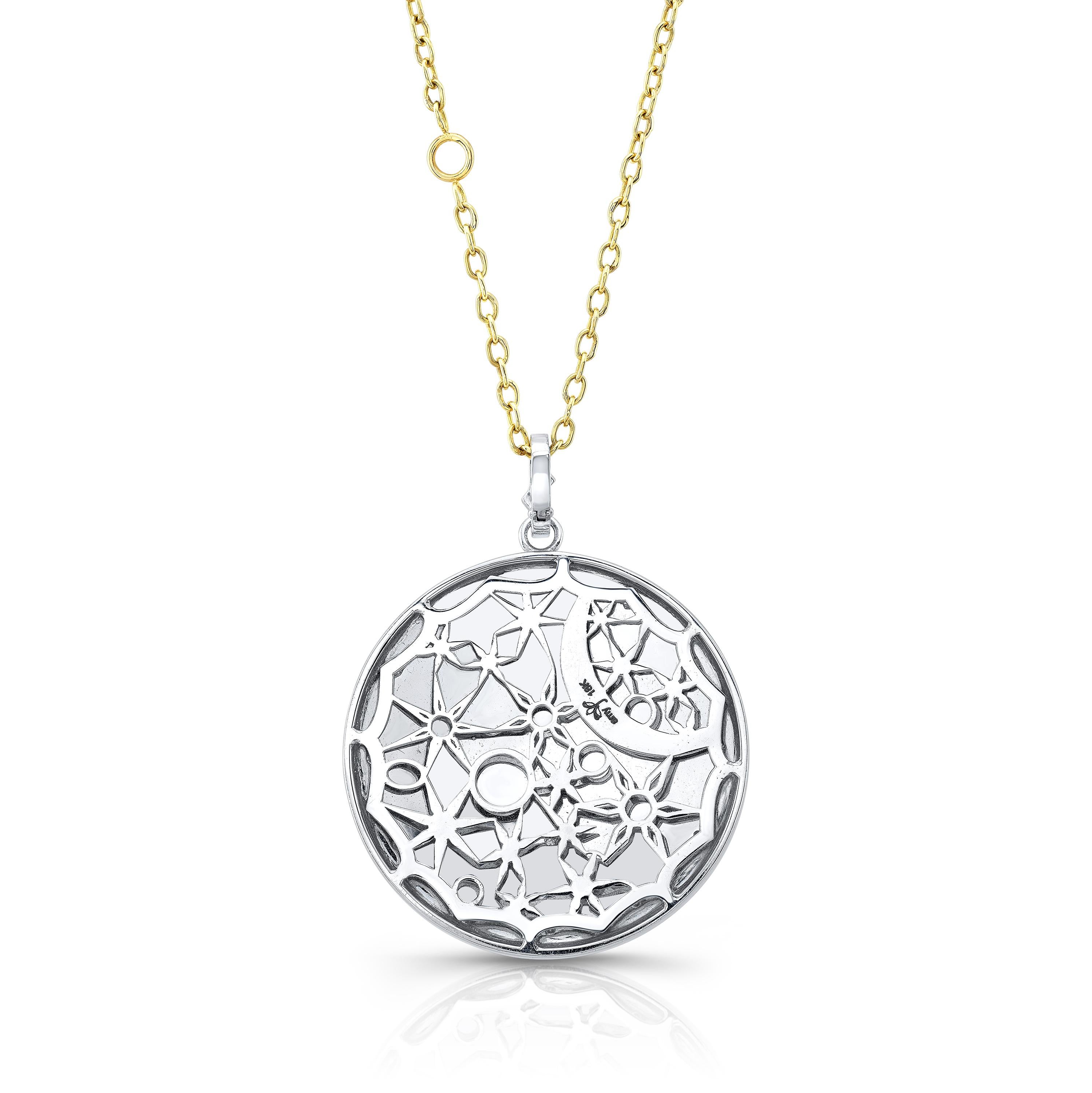 Amy Y's gorgeous, contemporary Zodiac Leo pendant necklace 'Noah' is forever archived in 18K white gold, natural yellow and white diamonds and painted enamel. This phenomenal one-of-a-kind zodiac sign Leo pendant necklace captures the lion and