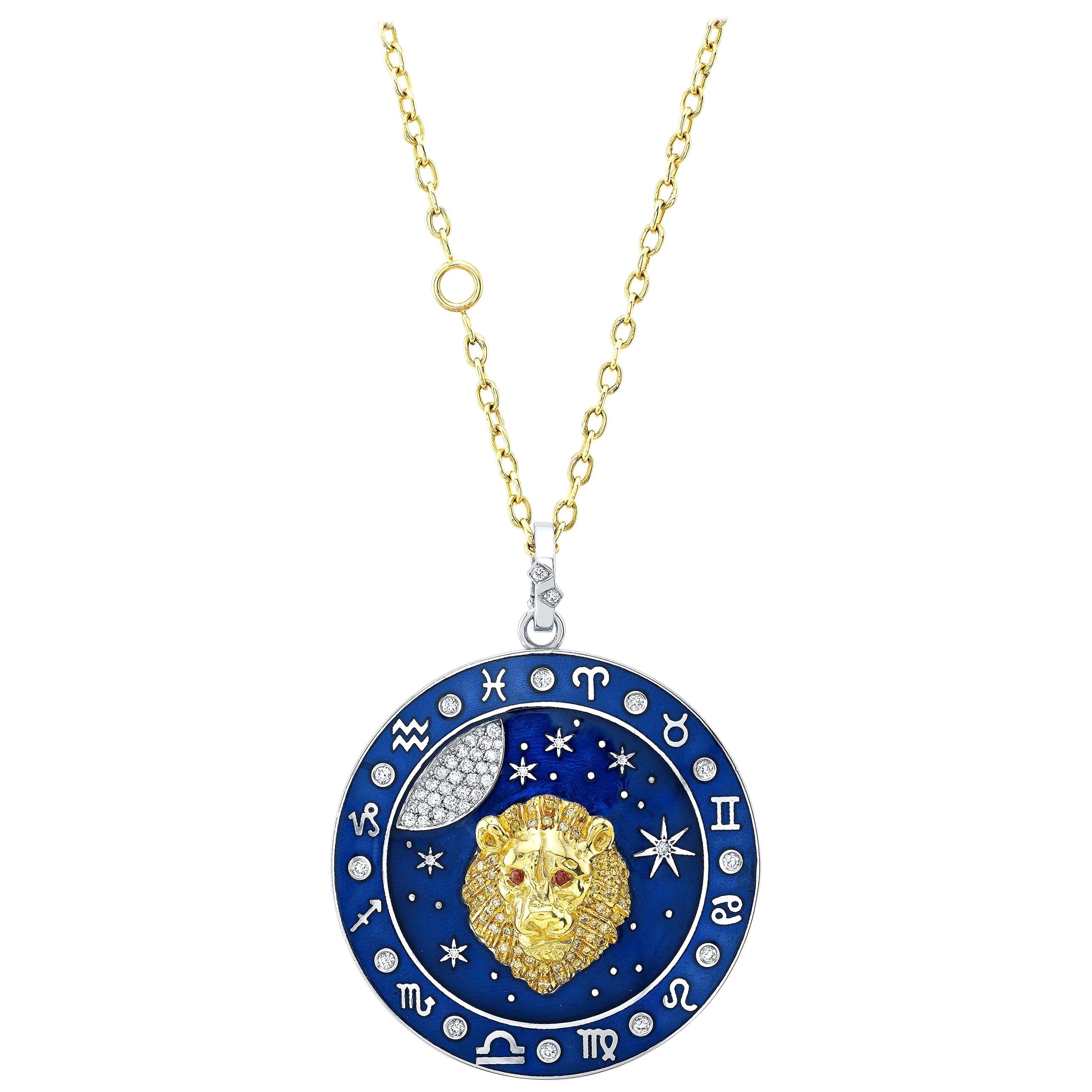 Amy Y 18K Gold, Diamond, Enamel Contemporary Pendant Necklace Leo Zodiac 'Noah'