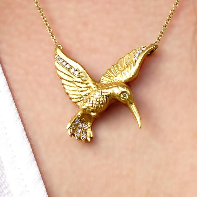 18 Karat Gold, Diamond, Precious Gem and Enamel Hummingbird Pendant