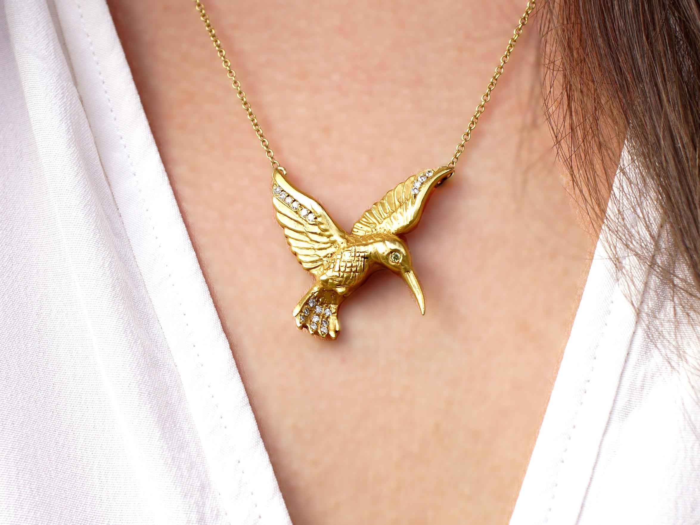 Contemporary 18 Karat Gold, Diamond, Precious Gem and Enamel Hummingbird Pendant Necklace For Sale