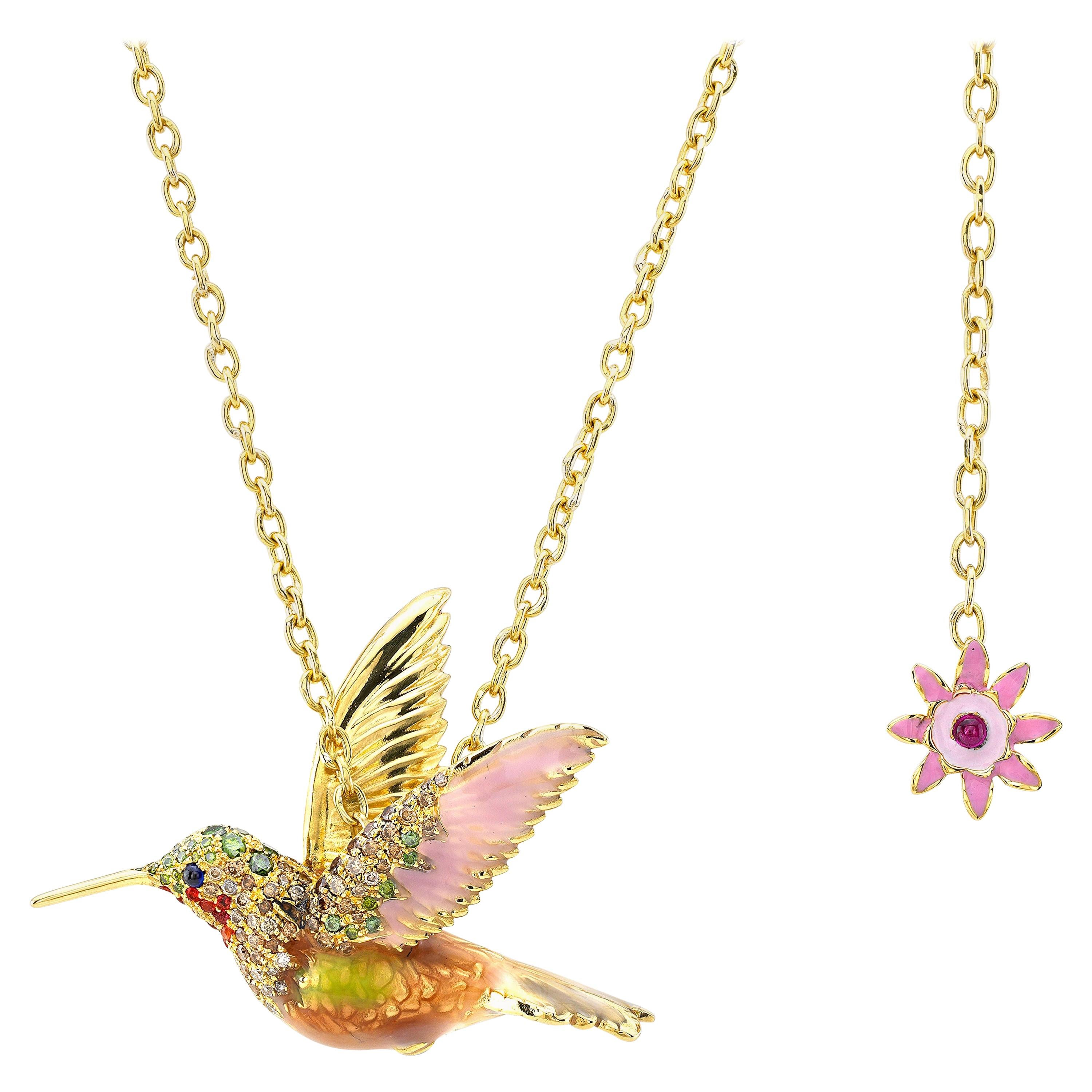 18 Karat Gold, Diamond, Precious Gem and Enamel Hummingbird Pendant Necklace