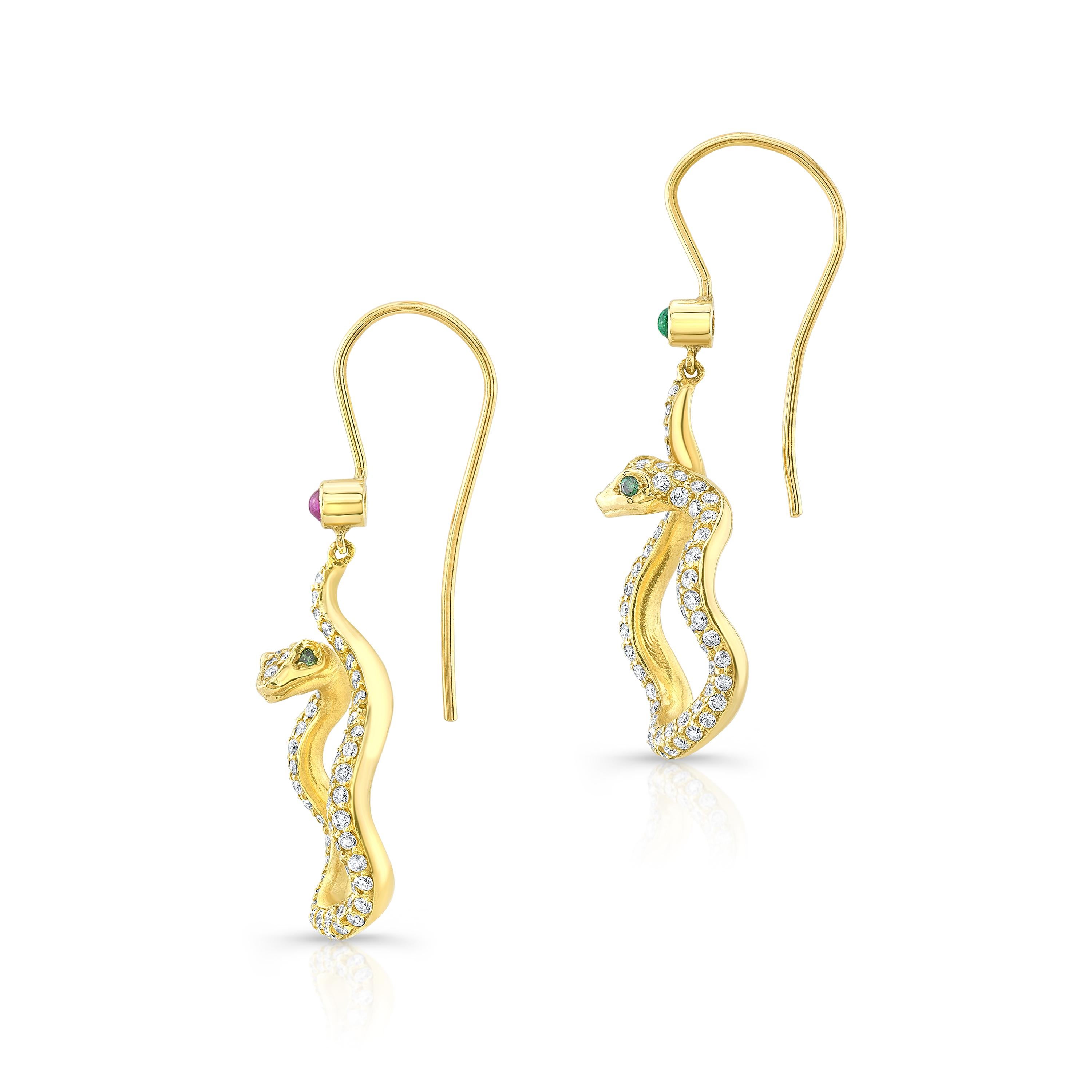 Amy's 18K-yellow gold, diamond, ruby and emerald Serpent small hoop earrings 'Harper and Jade' are named for their lovely way they embody animal friends in the natural world. This contemporary pair of earrings is handmade by Amy's skilled artisan in