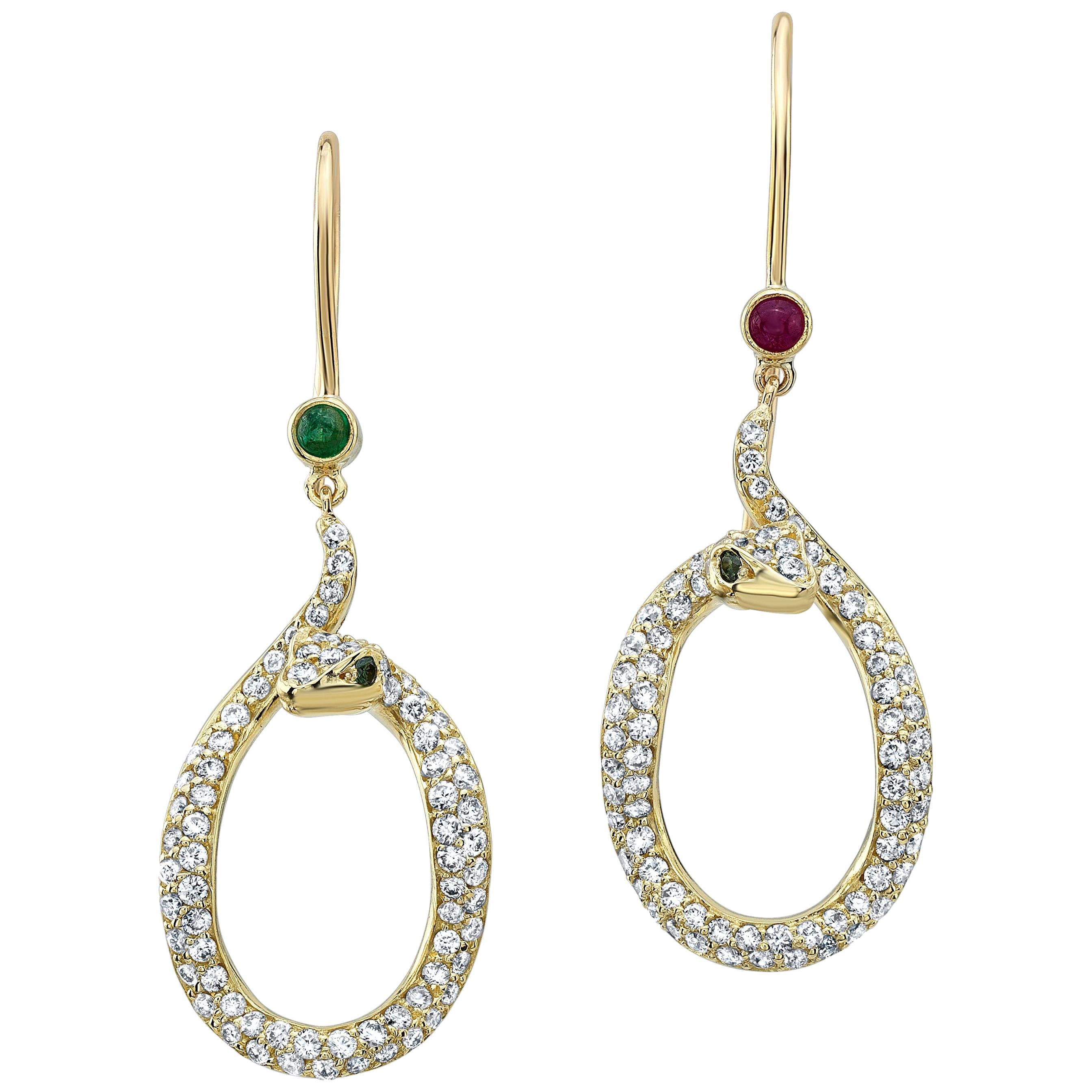 Amy Y 18K Gold, Diamond, Ruby, Emerald  Serpent Hoop Earring 'Harper and Jade'  For Sale