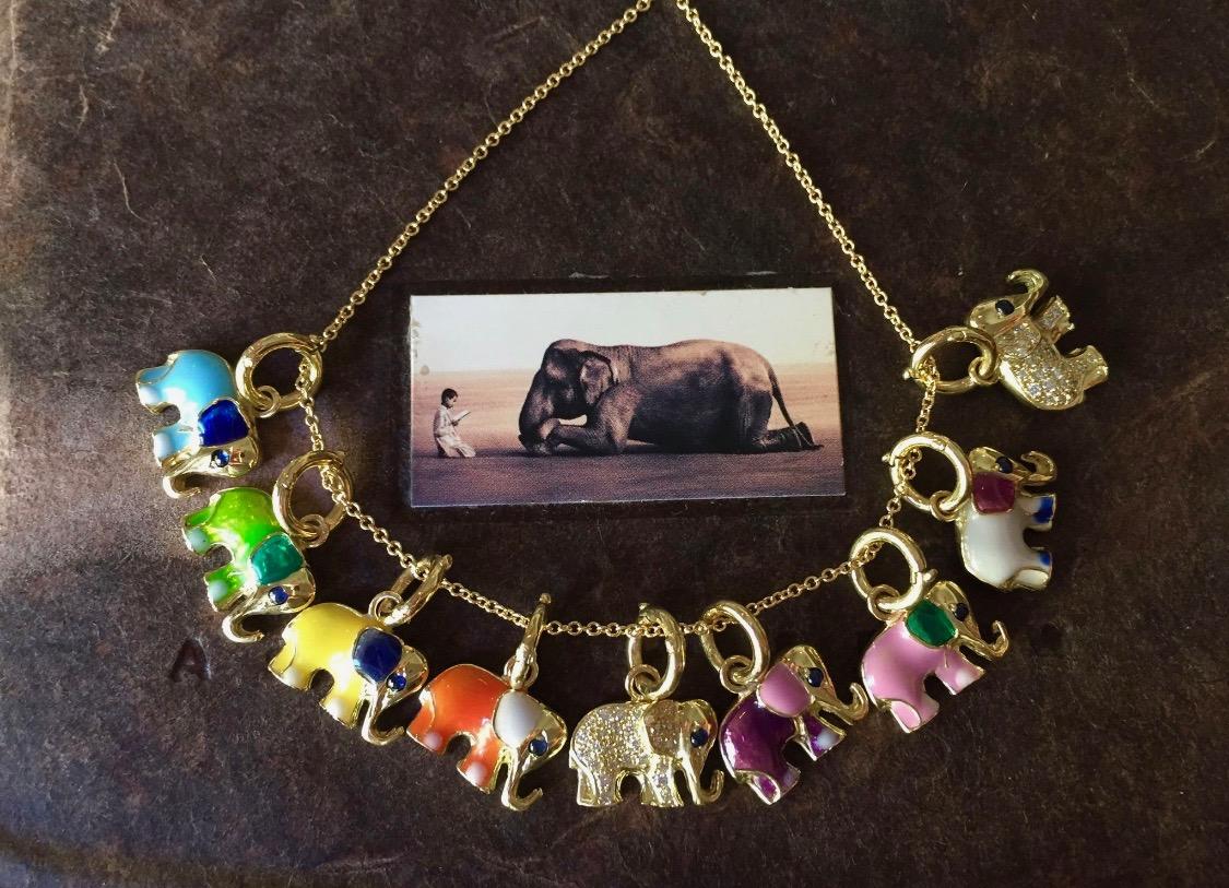 Round Cut 18 Karat Gold, Diamond, Sapphire and Enamel Elephant Charm Pendant 'Ruby Love' For Sale