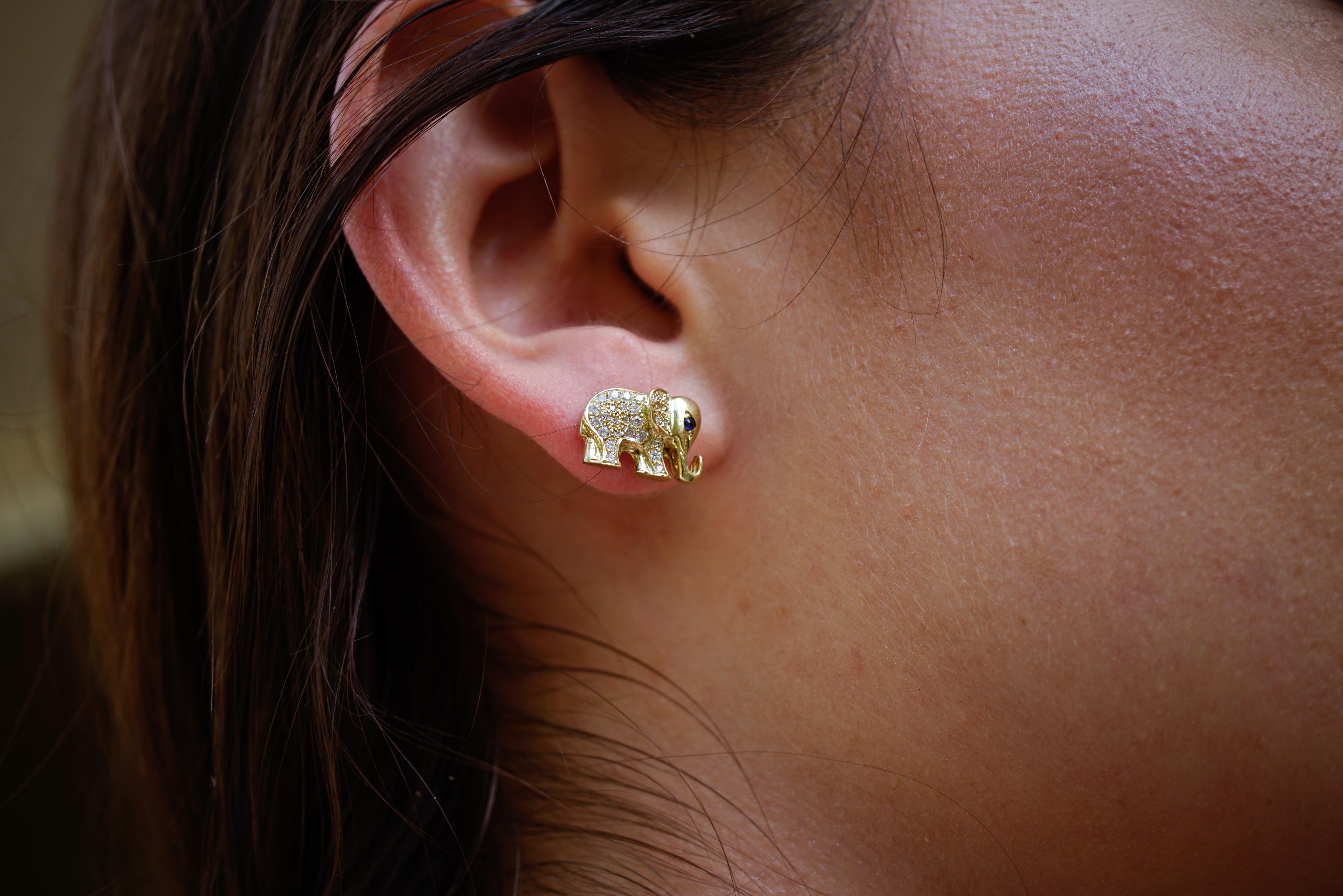 18 Karat Gold, Diamond, Sapphire and Enamel Elephant Earring 'Satao and Raja' In New Condition In Santa Monica, CA