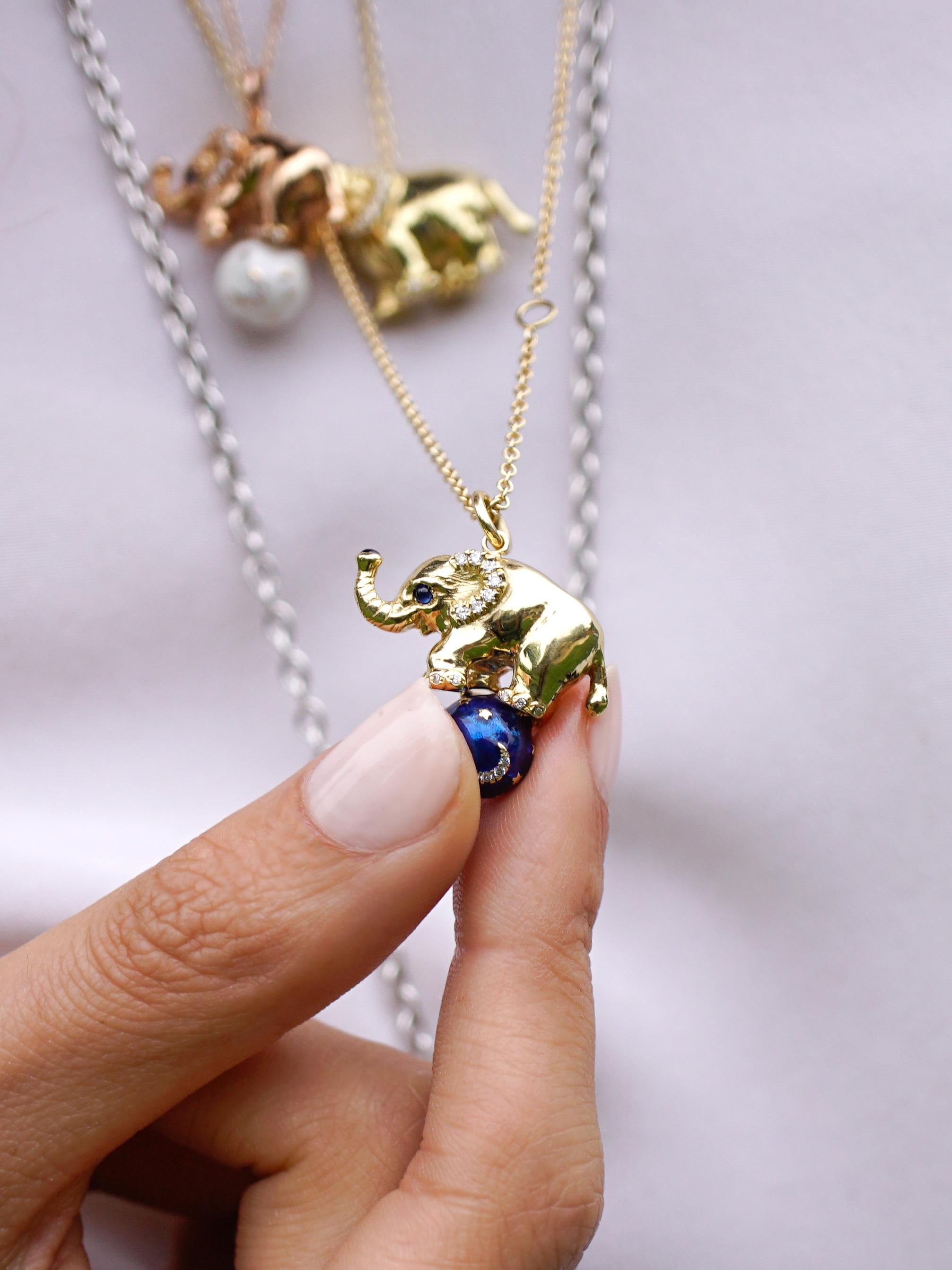 Round Cut 18 Karat Gold, Diamond, Sapphire and Enamel Elephant Pendant Necklace 'Tuffi'